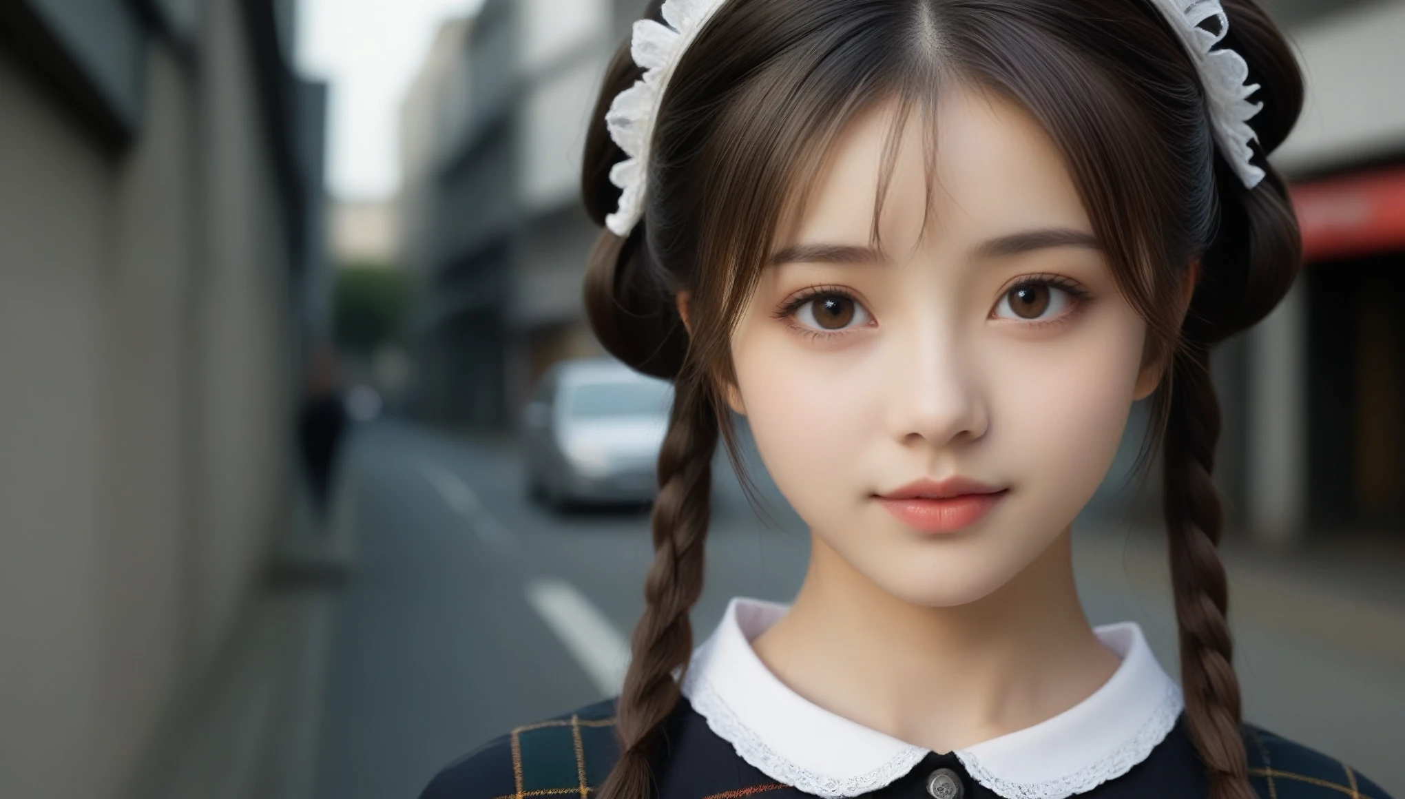 8K, Ultra-high resolution, highest quality, masterpiece, Surreal, photograph,Three-part method, girl1名, (16 years old:1.3), かわいいgirl, Cute face, Beautiful eyes in every detail,Japan Female Announcer,8K,8K, Ultra-high resolution, highest quality, masterpiece, Surreal, photograph, girl1名, (18-year-old:1.3), かわいいgirl, Cute face, Beautiful eyes in every detail, 細かくdetailedに, one girl, (a beauty girl, delicate girl:1.3), (13 years old:1.3), (Gothic Lolita:1.3), (Two Side Up Hairstyle:1.3), (Tartan:1.2),(Street view:1.3), (No makeup:1.3),Very fine grain definition, (Symmetrical eyes:1.3),Small breasts, Brown eyes, Parted bangs, Brown Hair, girl, (Eyes and facial details:1.0), (Get closer to the face, Zoom in on face, Face Focus:1.0), (masterpiece, highest quality, 超detailed, detailedな顔, 8k)、See through 、Look at the audience、beauty,Long neck、Smile a little、Please close your mouth and laugh、(((Ideal body proportions))),A cup small breasts :2,、Portraiture:2、Perfect Anatomy、Vivid details、detailed、Surreal、Light and shadow,Strong light,Fashion magazine cover,Thin lips