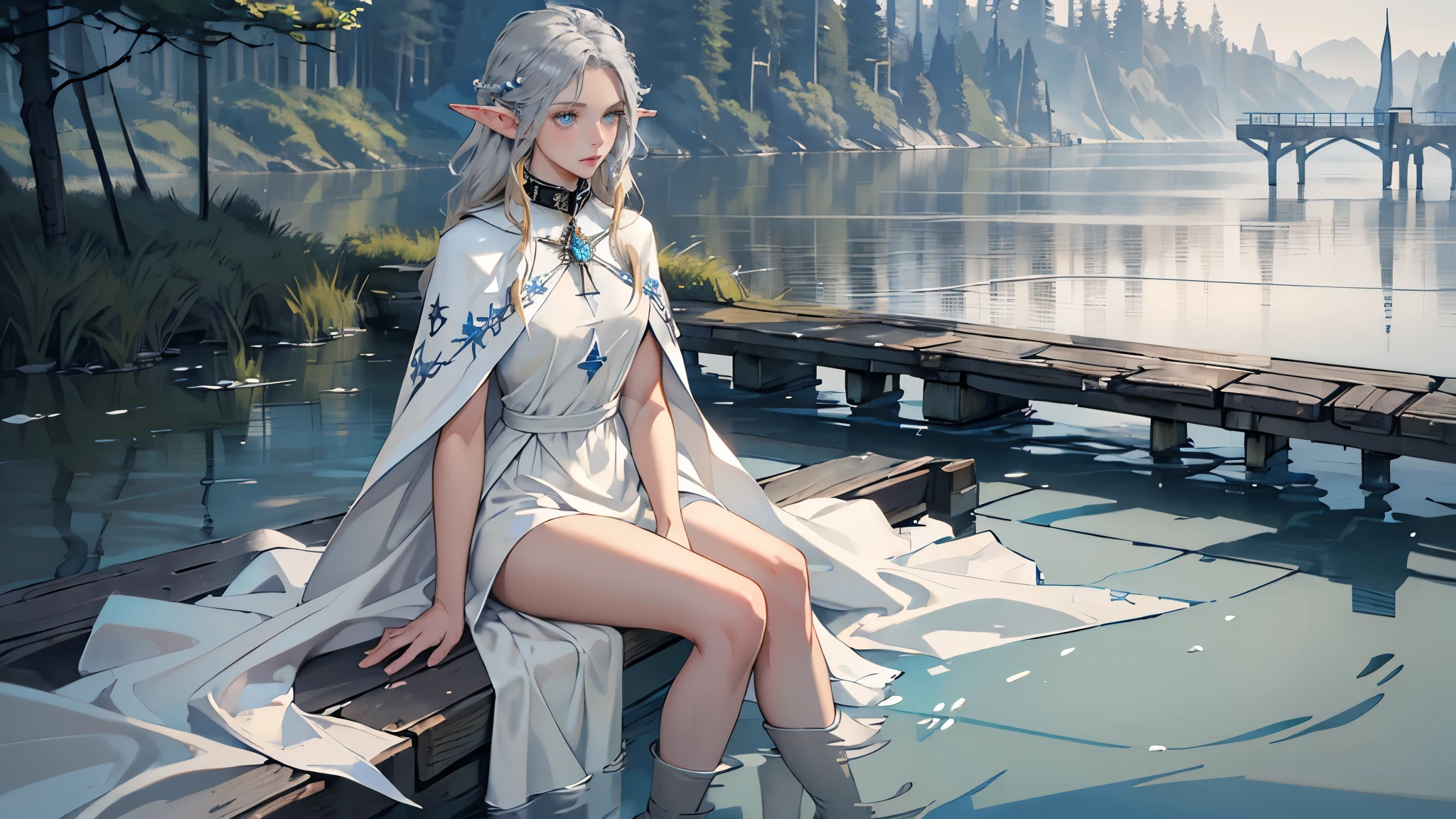 masterpiece, ultra detailed, 8K Portrait, Raw photo, a portrait photo of, Highly detailed face, beautiful and meticulous eyes, ((Fantasy)), Young beautiful, (((expressionless))), (((woman sorcerer))), ((elf)) tall, wavy long hair, gentle face, (((skin as white as pearl))), ((blond)), twig hair ornament, (((white silk long cloak))) Fluttering in the wind, (blue gray wide collar tunic:1.5), leather boots, (((((sitting on the pier))))), ((equip a magic wand)), (((with the spirit of the water))), Midday Sun, Hyper realistic, Body model, Small breasts, Beautiful breasts, Long legs, river side in deep forest, Ambient lighting, Shadow details, Camera focus on face, strong breeze, Light fog