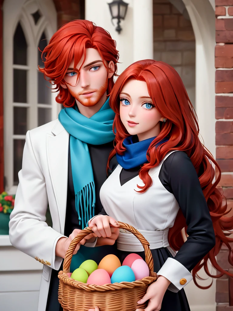 The feast of the Orthodox Easter. Couple, 1 man (tall, statuesque, handsome, courageous red-haired young man, he has long curly copper-red hair, green eyes, in his hand he holds a basket with cakes and colored eggs) hugs 1 woman (an incredibly beautiful young brunette femme fatale, she has short thick black hair, blue eyes, her head is covered with a scarf). They are in love with each other. Masterpiece, detailed study of the face, beautiful face, beautiful facial features, perfect image, realistic shots, detailed study of faces, full-length image, 8k, detailed image. an extremely detailed illustration, a real masterpiece of the highest quality, with careful drawing.