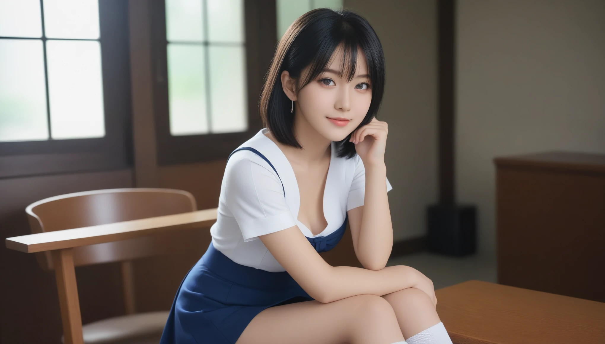 8K, 超High resolution, highest quality, masterpiece, Surreal, photograph,Three-part method, 1 girl, (:1.3), pretty girl, Cute face, Beautiful eyes in every detail,Japan Female Announcer、((thin脚))、Black Hair,Short Bob,8K Ultra HD, Digital SLR, Complete Anatomy, (highest quality: 1.3), (masterpiece: 1.1), High resolution, Cinematic Light, 複雑なdetailed, (Realistic), outside, Beautiful outside, sunny, Most realistic, Japanese man, One Girl, 16 years oldB Cup), (Cafe: 1.5), Dimples, Straight long hair, Show Viewer, detailedな木, ribbon, Grave Leather Uniform, No shirt, White underwear, Pencil Skirt, sitting with legs slightly apart (1.3), indoor, Earrings, Dark blue high socks, loafers, (smile), (whole body: 1.6), thin,Bold Pose,super cute super model、Please look closely at the camera 、Vivid details、detailed、Surreal、Light and shadow,Strong light,Fashion magazine cover,Thin lips