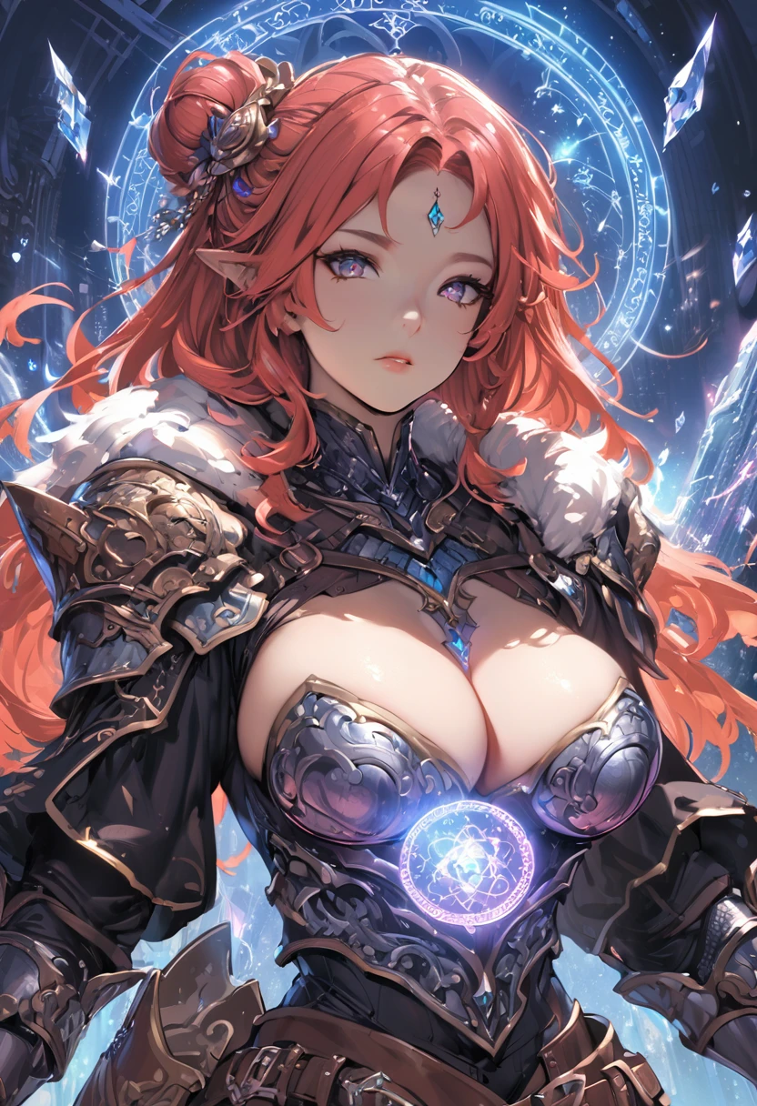 8k_wallpaper, extremely detailed eyes, extremely detailed body, (large masterpiece digital art), (detailed manga illustration), (detailed line art), ((perfect anatomy)), (intricate details:1.3), (ultra-detailed:1.3), (illustration:1.3), (sharp focus:1.3), (natural lighting:1.05), (vivid colors:1.3), (masterpiece), best quality, expressive eyes, perfect face, 1 girl, breasts, gloves, large breasts, {blue hair}, medium hair, wavy hair, (gray eyes), hourglass physique, huge ass, dynamic pose, dynamic lighting, fur trim, hair bun, glowing, crystal, delicate\(armor\), armor, full armor, cuisses, shoulder armor, belt, hand guard, boots, glove, particles stream, creationmagic, ethereal creation, Magic Circle, glowing, crystal, jim lee, beautiful esd_woman, hair bun, fur trim, jewelry, crystal, Magic Circle,