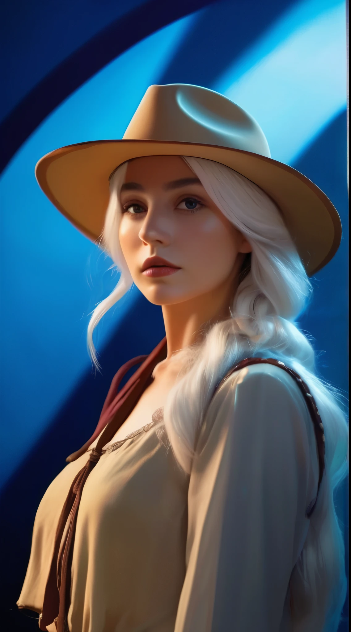 (Front focus), (in the darkness:1.6), Surrealist Portraits of Women by David Hockney and Alphonse Mucha, Fantasy Art, Photo-realistic, Dynamic Lighting, Art Station, poster, Volumetric Lighting, Very detailed faces, 4K, The award-winning, 1 Girl, in the darkness, Deep Shadow, Low profile, Cowboy shooting, (Official uniform:1.4), Long hair, white hair