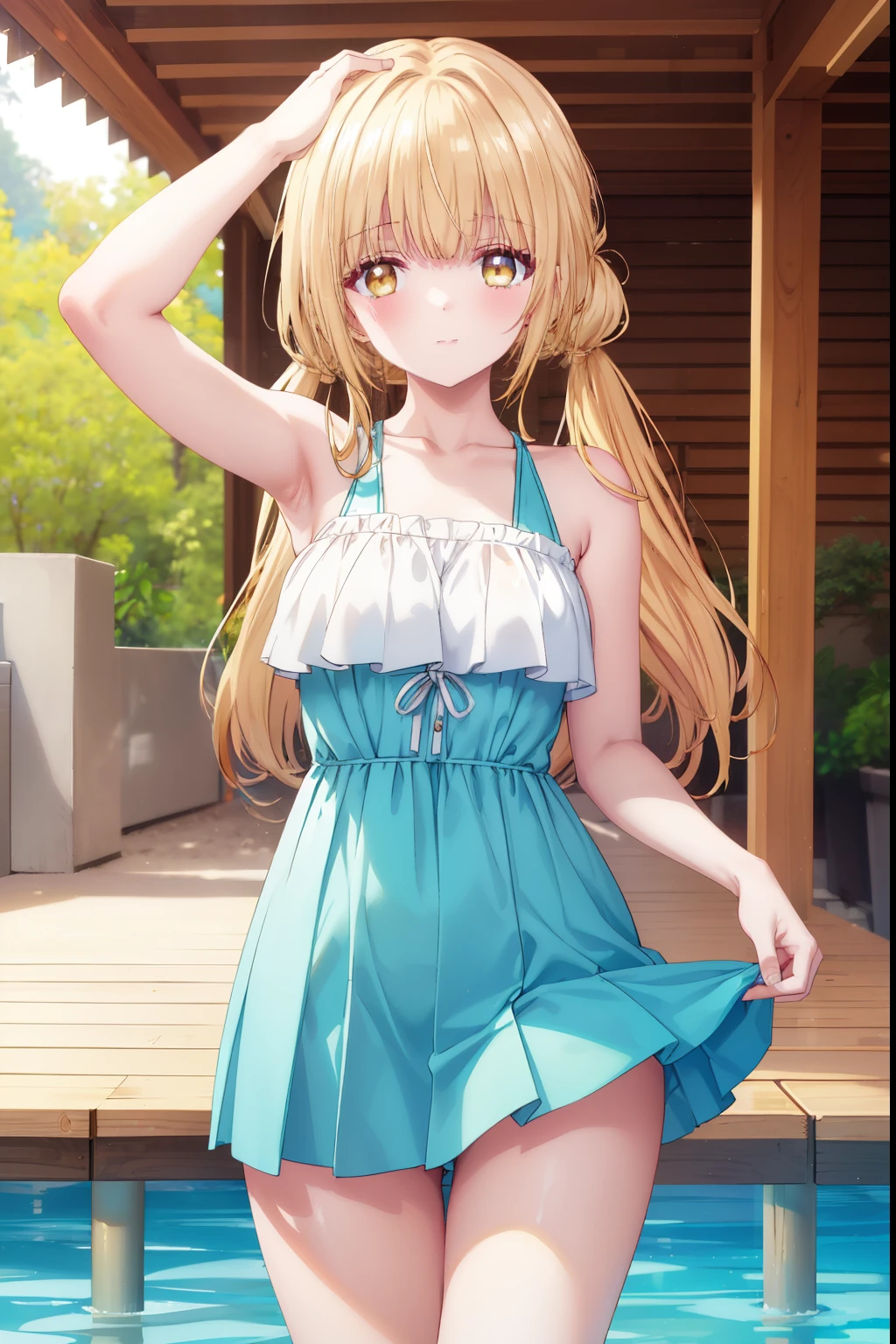 Mahiru shiina, , blonde, (Yellow Eyes:1.3)、Twin tails,,blush,smile,Sea、Wearing a cute swimsuit,Daytime、Wear a swimsuit、Captivating thighs、Beautiful bare legs, Revealing swimsuit、bikini、School Swimsuit、Showing armpits
（masterpiece:1.2), highest quality, High resolution, unity 8k wallpaper, (shape:0.8), (Beautiful and beautiful eyes:1.6), Highly detailed face, Perfect lighting, Extremely detailed CG, (Perfect hands, Perfect Anatomy),