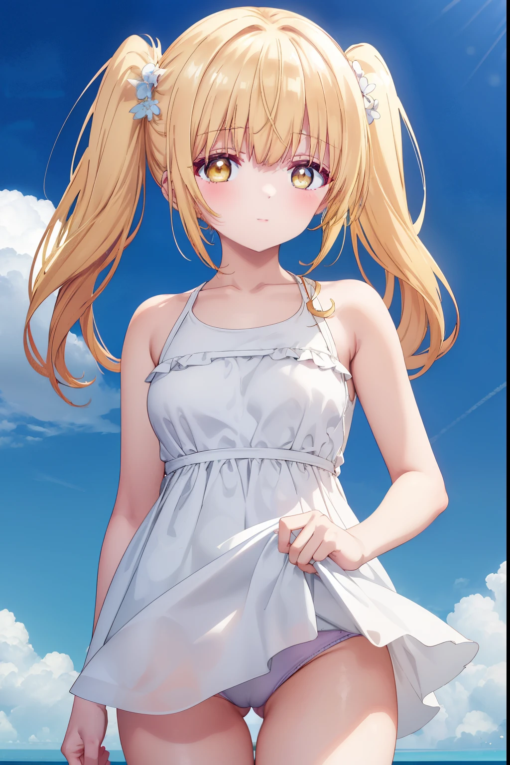 Mahiru shiina, , blonde, (Yellow Eyes:1.3)、Twin tails,,blush,smile,Sea、Wearing a cute swimsuit,Daytime、Wear a swimsuit、Captivating thighs、Beautiful bare legs, Revealing swimsuit、bikini、School Swimsuit、Showing armpits
(masterpiece:1.2), highest quality, High resolution, unity 8k wallpaper, (shape:0.8), (Beautiful and beautiful eyes:1.6), Highly detailed face, Perfect lighting, Extremely detailed CG, (Perfect hands, Perfect Anatomy),
