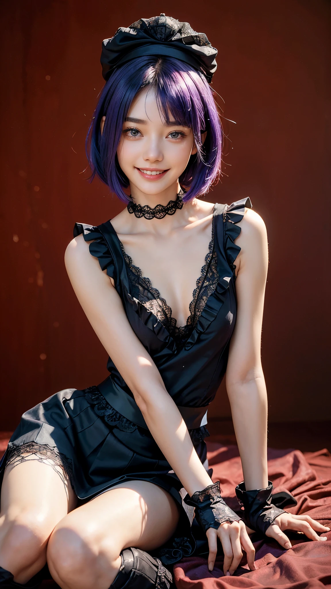 highest quality, masterpiece, Ultra-high resolution, (Realistic:1.4), (Portraiture) RAW Photos, 1 girl,22 years old((Detailed face)),(((座ったPortraiture)),((Red Random Background)),((Smiling with teeth showing)),((Big smile)),((Black boots and black lace gloves)),((Black sleeveless top with frill lace)),((White blouse under dress)),((Black Long Skirt)),((Short bob cut blue-purple hair)),((Cap Chestnut)),((Short bangs)),Realistic,Image Media Chest)),