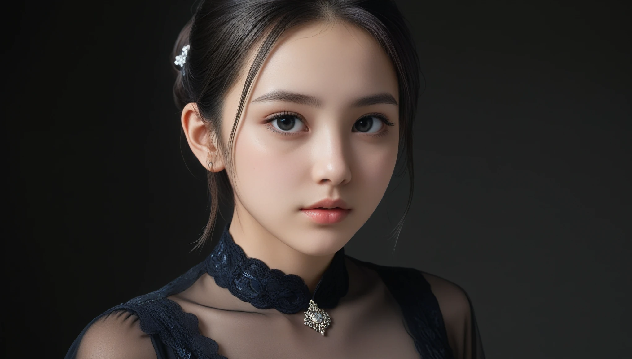 8K, 超High resolution, highest quality, masterpiece, Surreal, photograph, 1 girl, (:1.3), cute女の子, cuteface, Beautiful eyes in every detail, black silk dress、intellectual,(Gaziantep:1.5), close, masterpiece, highest quality, 生photograph, Realistic, face, Unbelievably absurd, beautiful girl, cute, Bun Hair, Depth of written boundary, High resolution, 超detailed, finely, 非常にdetailedな, 非常にdetailedな eyes and face, Sharp pupils, Realistic students, Sharp focus, Cinematic lighting、Depth of written boundary、Vivid details、detailed、Surreal、Light and shadow,Strong light,Fashion magazine cover,Thin lips
