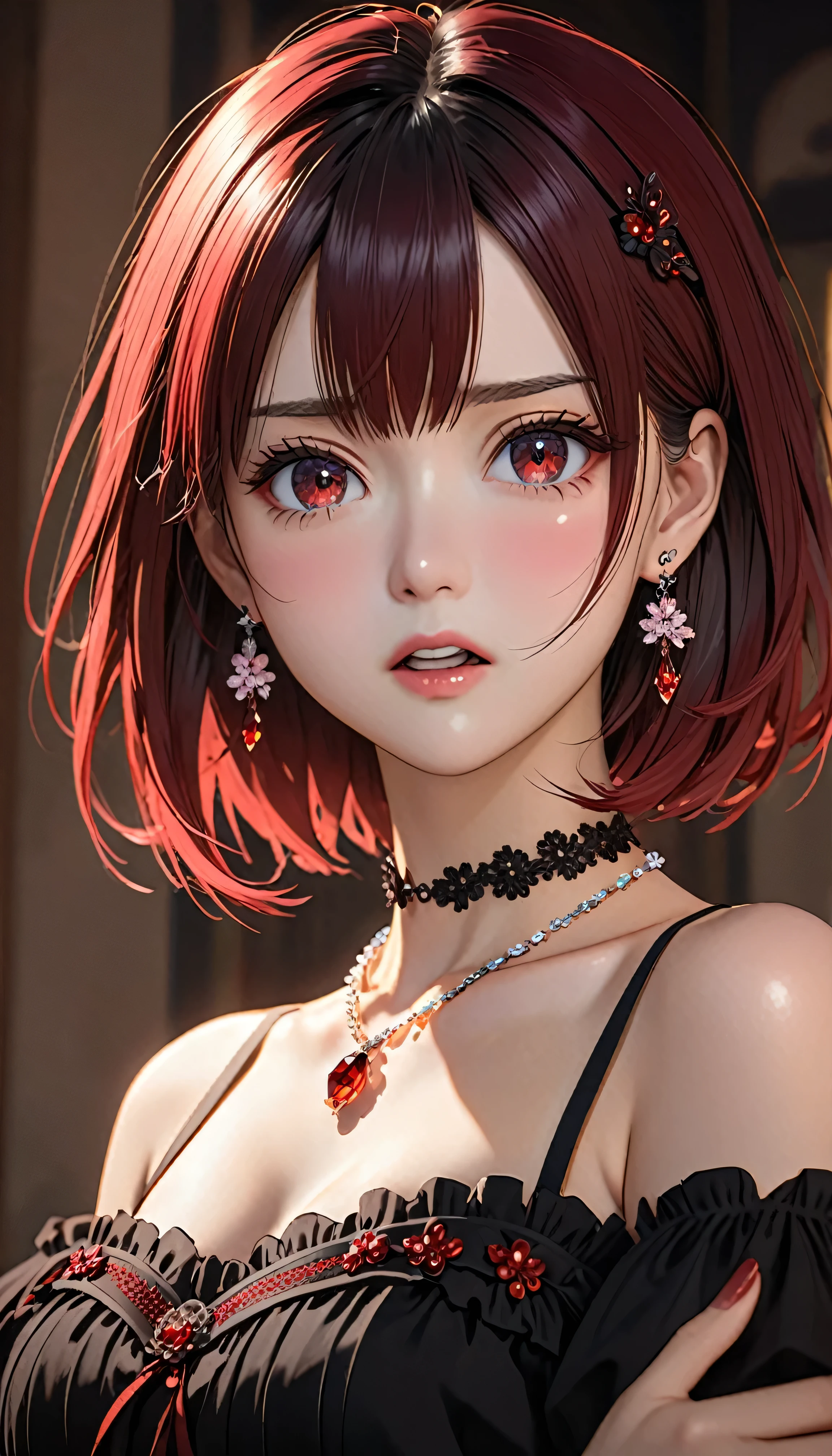 National Science Foundation,masterpiece,High resolution,8K,Art,digit,Three-dimensional,Realism,Kyoto Animation Style,your name movie style,looking into camera,Soft Light,Glowing skin,(1 female: 1.3),(alone: 1.4),(((Ombre hair))),(Gorgeous black ta),Black Lolis inlaid with dark red gems,(crystal hairpin),(small crystal necklace),(crystal small earrings),(crystal bracelet),(Crystal ring),Long eyelashes,Slender legs,Short Bob,Close-up of upper body,Close-up,close view,In the castle,(dark red eyes),(open mouth),(blush),(lovely and delicate),(angry)(((feel angry)))