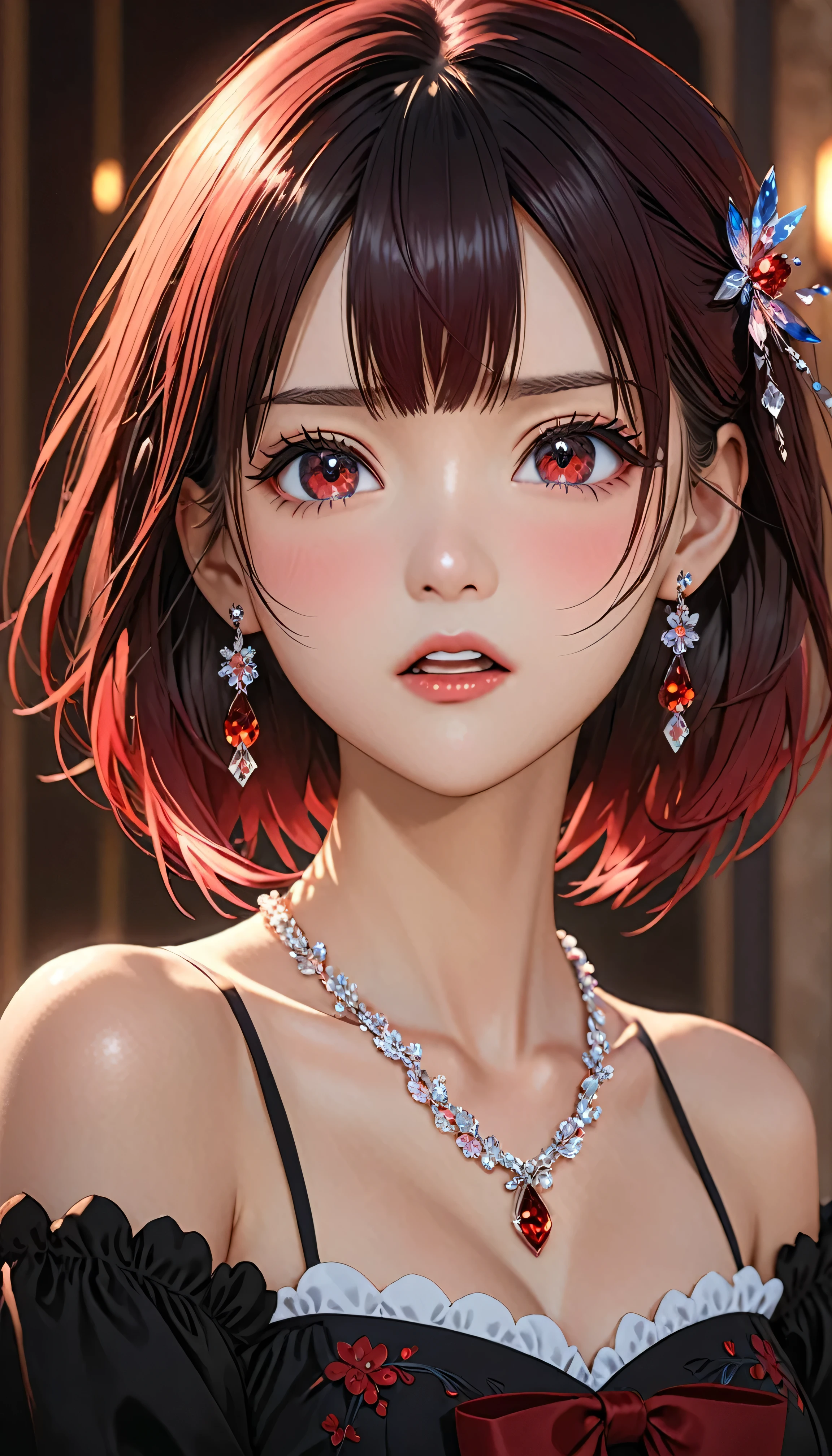 National Science Foundation,masterpiece,High resolution,8K,Art,digit,Three-dimensional,Realism,Kyoto Animation Style,your name movie style,looking into camera,Soft Light,Glowing skin,(1 female: 1.3),(alone: 1.4),(((Ombre hair))),(Gorgeous black lolita),Black Lolita is inlaid with dark red gems,(crystal hairpin),(small crystal necklace),(crystal small earrings),(crystal bracelet),(Crystal ring),Long eyelashes,Slender legs,Short Bob,Close-up of upper body,Close-up,close view,In the castle,(dark red eyes),(open mouth),(blush),(lovely and delicate),(angry)(((feel angry)))