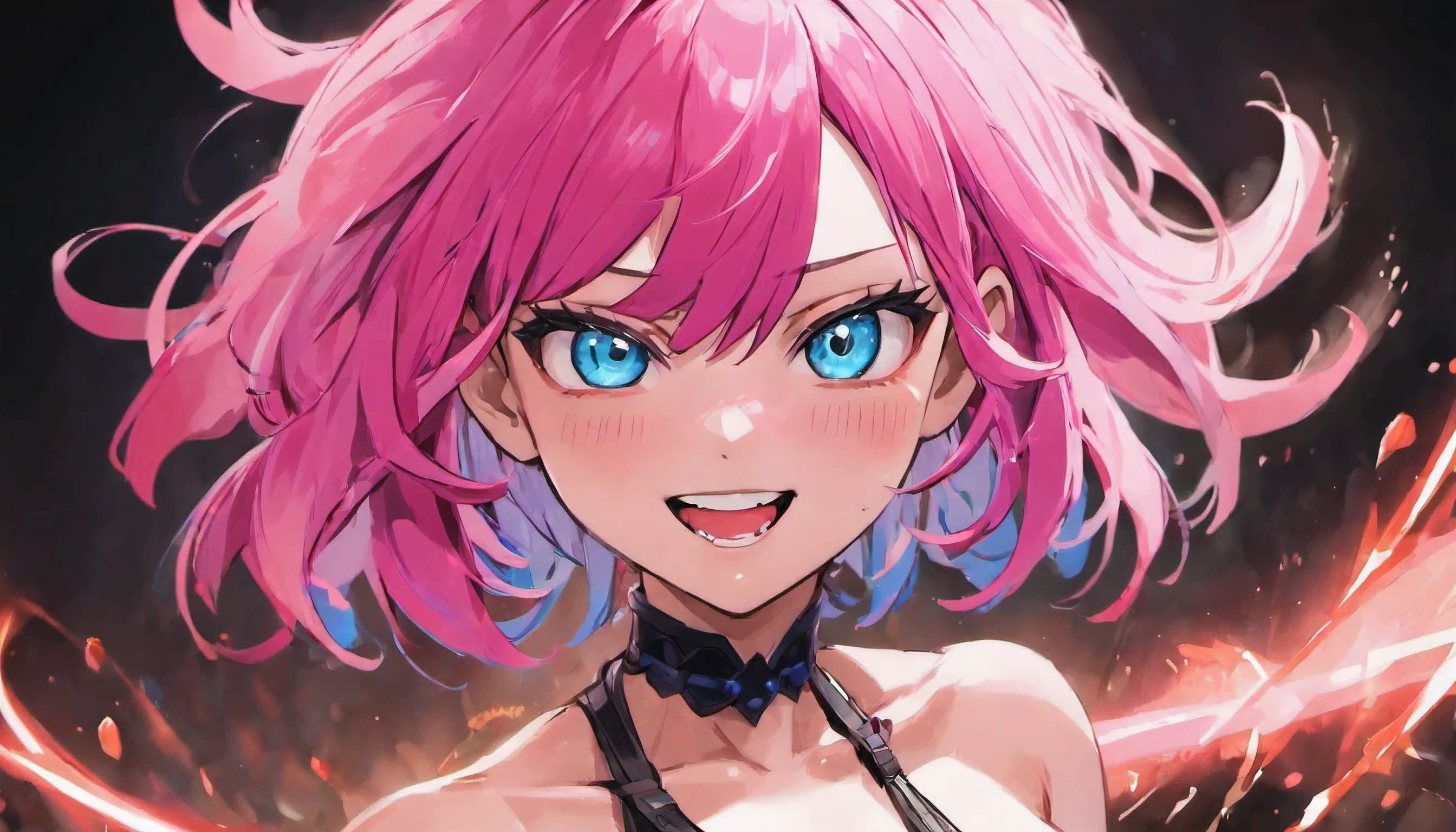 1girl, pink hair, close up, sligth smile, blue eyes ,drop shadow, UHD, retina, masterpiece, ccurate, textured skin, super detail, best quality, highres, 16k, HD