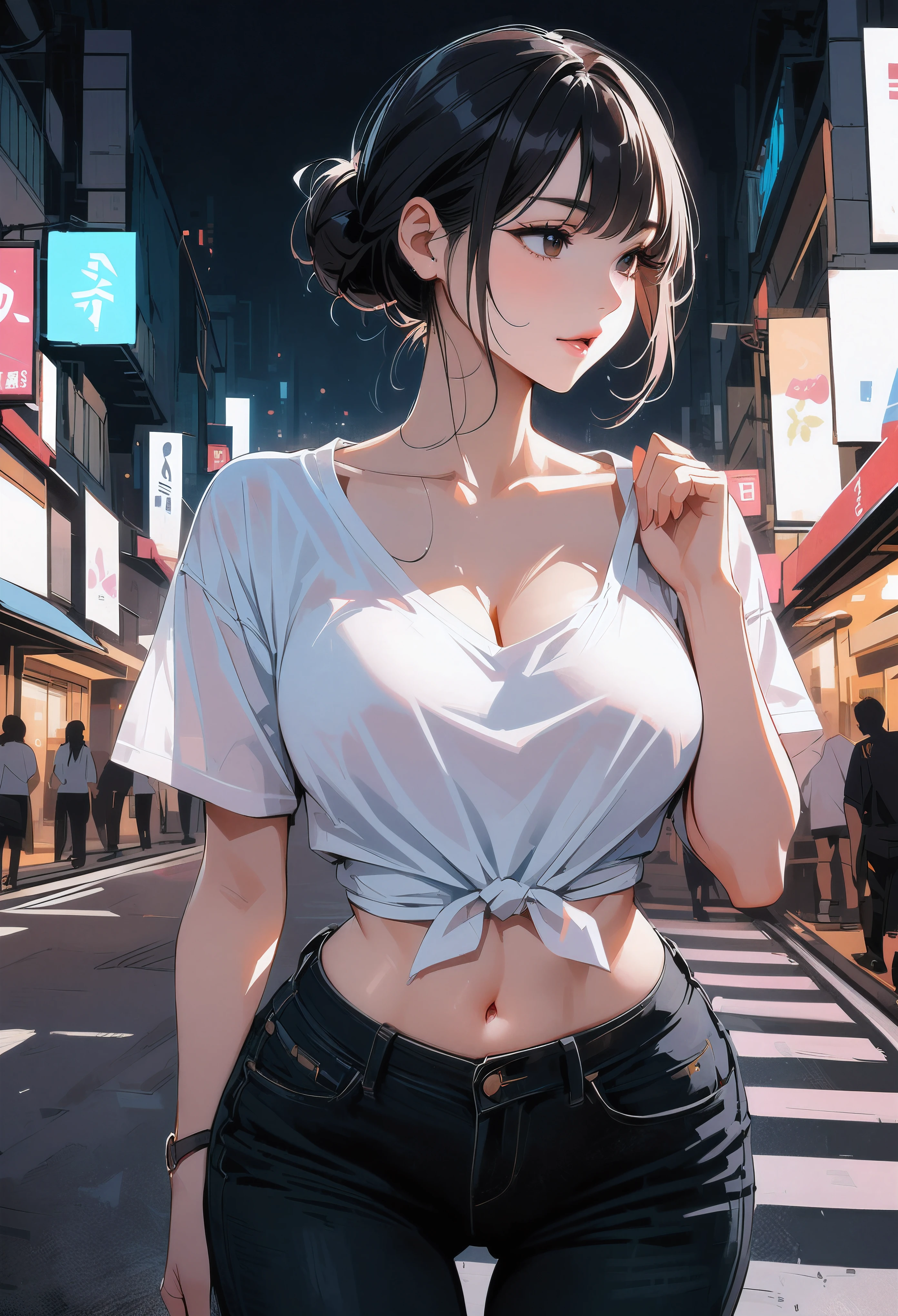 8K,high-level image quality、reality、solo ,Chest Reveal、black hair ,hair bun ,sexy , cowboy shot (tie a shirt) , (white shirts ), crop , navel , (cut-off jeans) , wide hips,(tokyo street background) , (muscular:0.2), large breasts