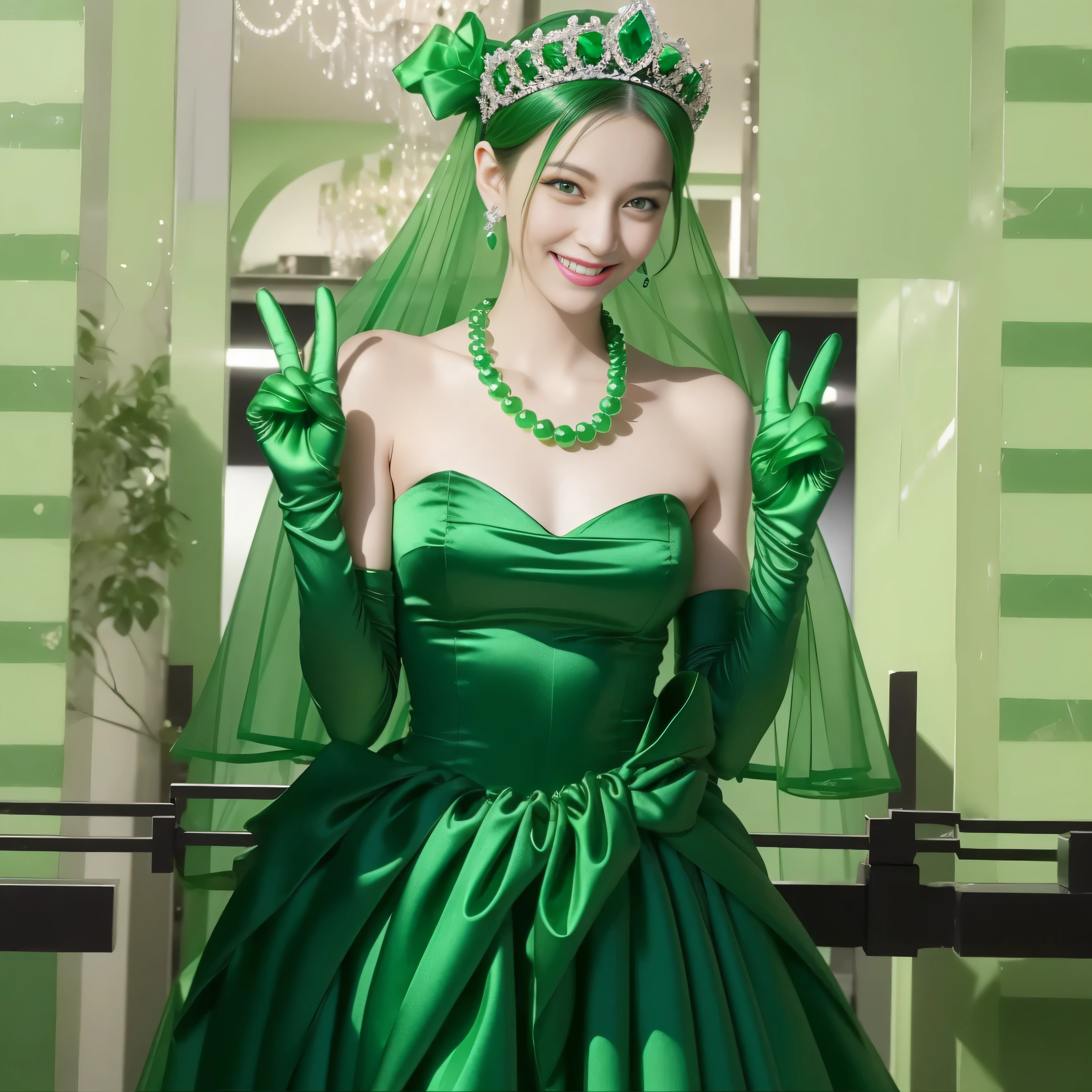 Emerald tiara, Green Pearl Necklace, Boyish very short green hair, lipstick, Smiling Japanese woman, Very short hair, Big and beautiful, Green Eyes, Long green satin gloves, Green Eyes, v sign, Emerald Earrings, Green veil