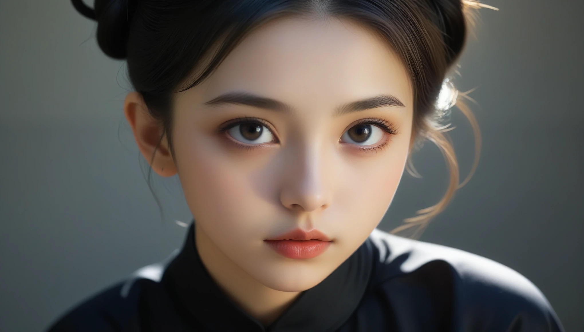 8K, 超High resolution, highest quality, masterpiece, Surreal, photograph, 1 girl, (16 years old:1.3), cute女の子, cuteface, Beautiful eyes in every detail, black silk dress、intellectual,(Gaziantep:1.5), close, masterpiece, highest quality, 生photograph, Realistic, face, Unbelievably absurd, beautiful girl, cute, Bun Hair, Depth of written boundary, High resolution, 超detailed, finely, 非常にdetailedな, 非常にdetailedな eyes and face, Sharp pupils, Realistic students, Sharp focus, Cinematic lighting、Depth of written boundary、Vivid details、detailed、Surreal、Light and shadow,Strong light,Fashion magazine cover,Thin lips