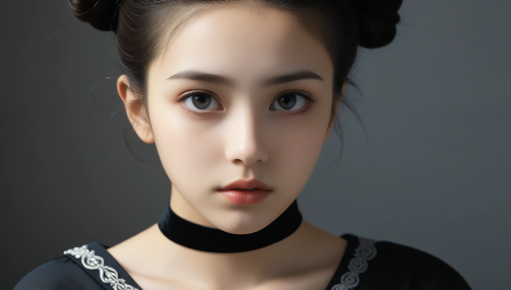 8K, 超High resolution, highest quality, masterpiece, Surreal, photograph, 1 girl, (16 years old:1.3), cute女の子, cuteface, Beautiful eyes in every detail, black silk dress、intellectual,(Gaziantep:1.5), close, masterpiece, highest quality, 生photograph, Realistic, face, Unbelievably absurd, beautiful girl, cute, Bun Hair, Depth of written boundary, High resolution, 超detailed, finely, 非常にdetailedな, 非常にdetailedな eyes and face, Sharp pupils, Realistic students, Sharp focus, Cinematic lighting、Depth of written boundary、Vivid details、detailed、Surreal、Light and shadow,Strong light,Fashion magazine cover,Thin lips