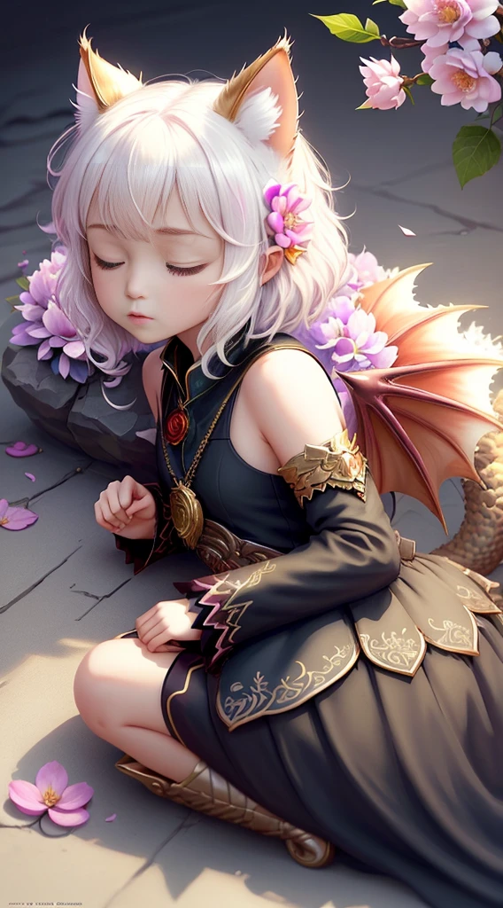 Faris Style, alone, hair ornaments, close your eyes, flower, wing, horn, Cat, white Cat, Dragon-Cat, hair flower, No humans, gem, Dragon, scale, eastern Dragon, Movie angle, Cinema Lighting, Shorthand, Depth of written boundary, Detailed Background, masterpiece, highest quality , Official Art ,