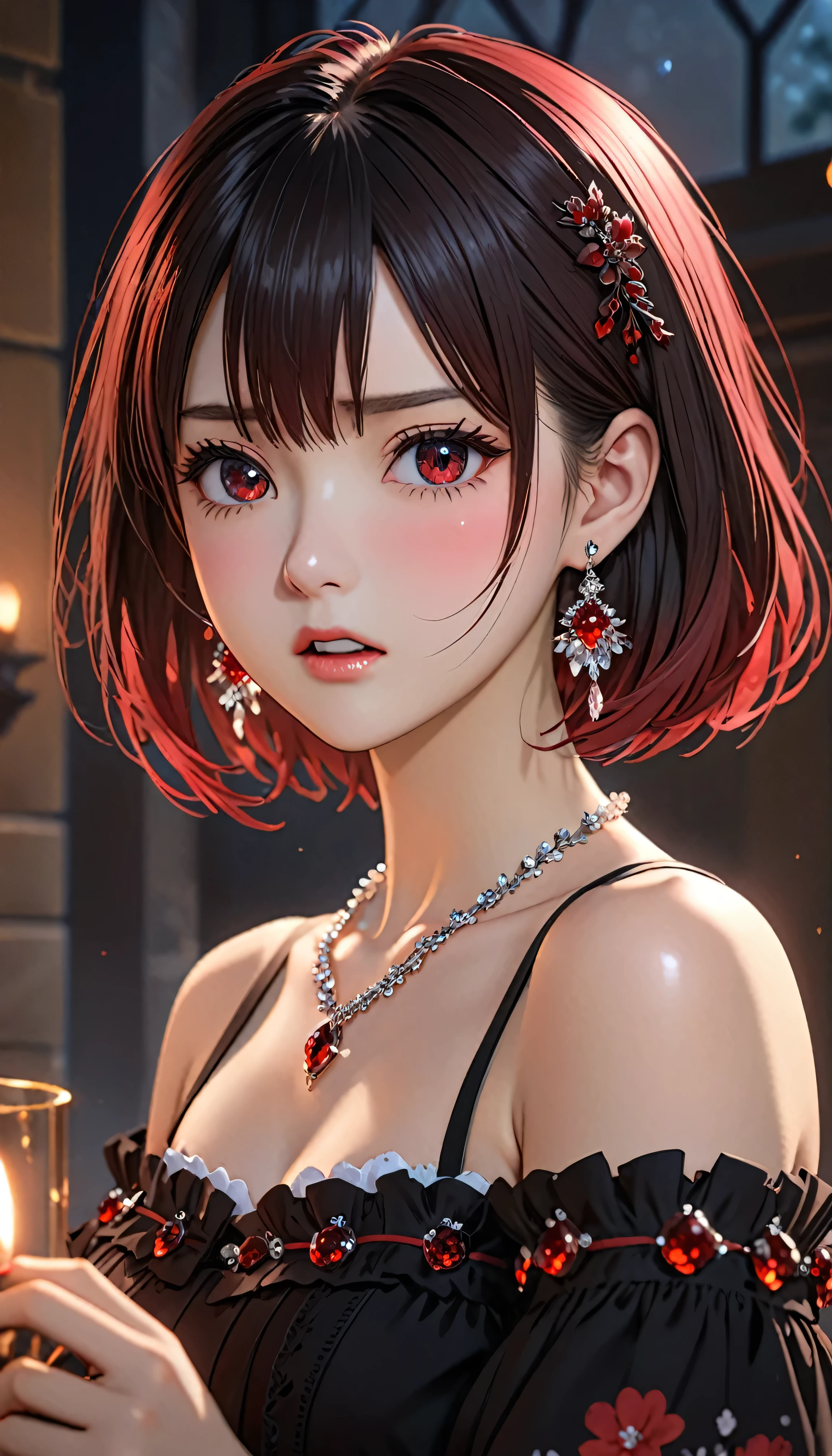 National Science Foundation,masterpiece,High resolution,8K,Art,digit,Three-dimensional,Realism,Kyoto Animation Style,your name movie style,looking into camera,Soft Light,Glowing skin,(1 female: 1.3),(alone: 1.4),(((Ombre hair))),(Gorgeous black ta),Black Lolis inlaid with dark red gems,(crystal hairpin),(small crystal necklace),(crystal small earrings),(crystal bracelet),(Crystal ring),Long eyelashes,Slender legs,Short Bob,Close-up of upper body,Close-up,close view,In the castle,(dark red eyes),(open mouth),(blush),(lovely and delicate),(angry)(((feel angry)))