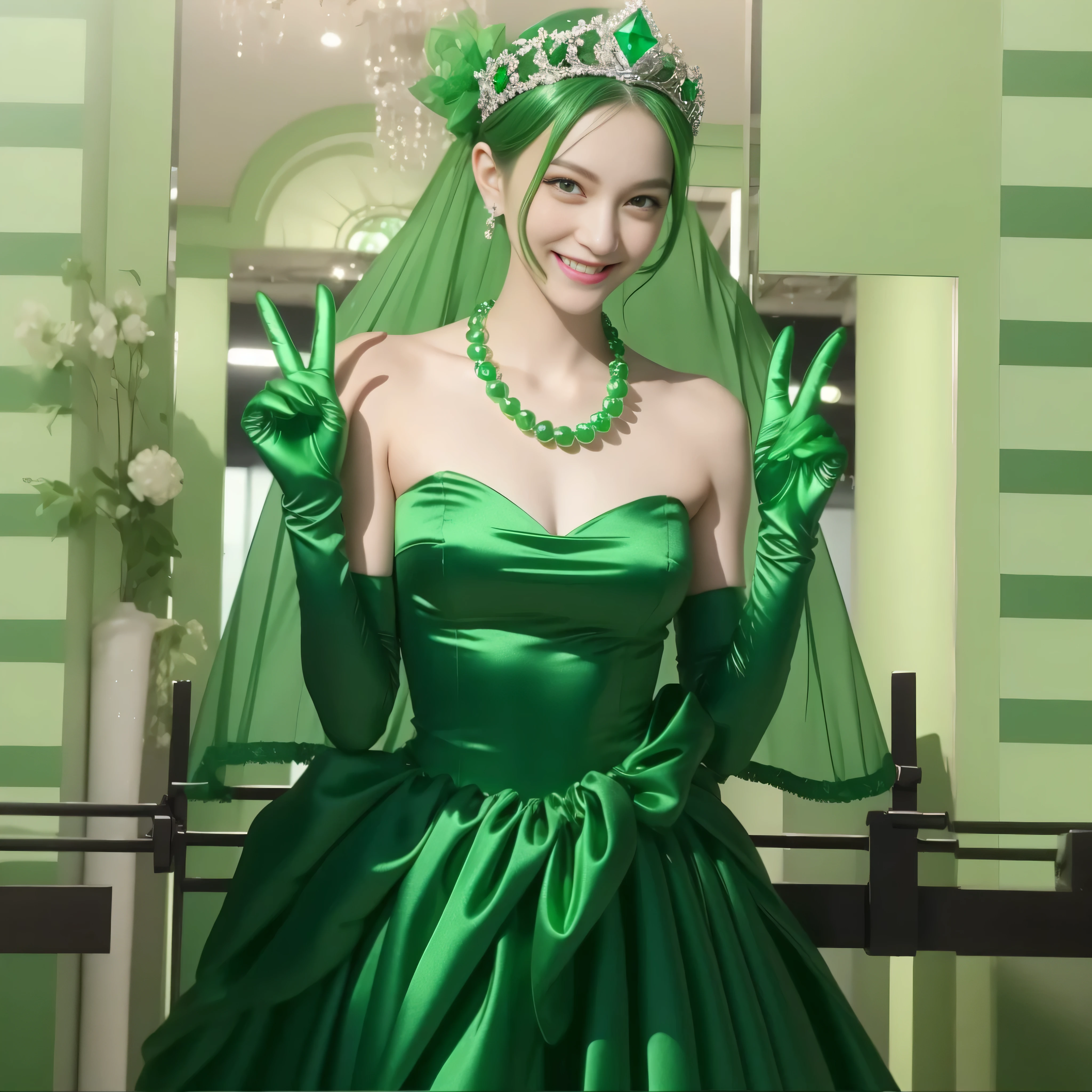 Emerald tiara, Green Pearl Necklace, Boyish very short green hair, lipstick, Smiling Japanese woman, Very short hair, Big and beautiful, Green Eyes, Long green satin gloves, Green Eyes, v sign, Emerald Earrings, Green veil
