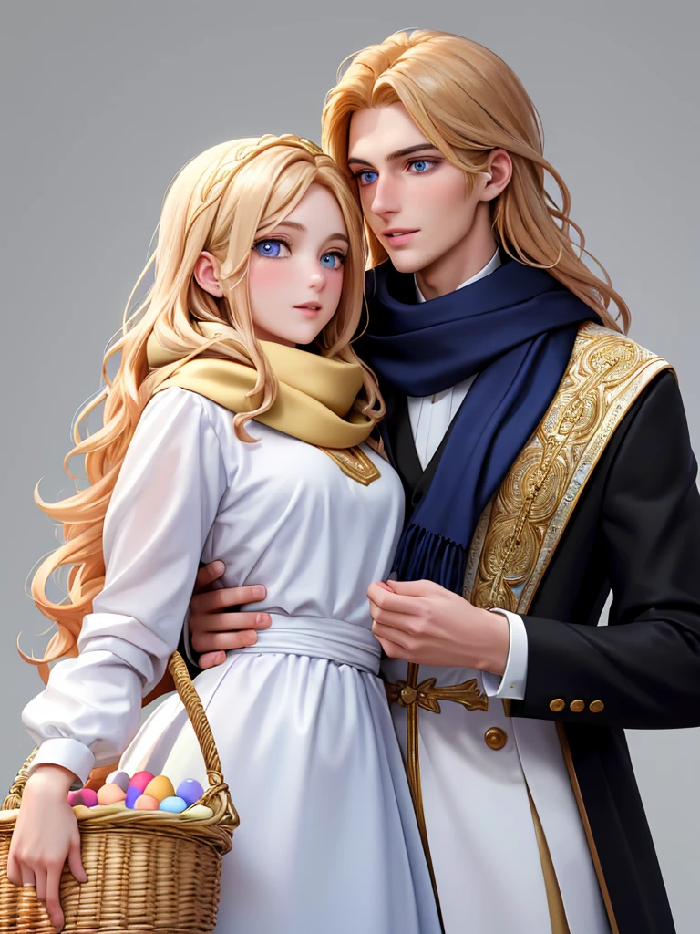 The feast of the Orthodox Easter. Couple. th man (Tall, handsome, statuesque, courageous young man with golden hair, blond curly golden hair, blue eyes, he holds a basket of cakes and colored eggs in his hand) hugs 1 woman (an incredibly beautiful young fatal brunette with blackberry-colored eyes, long straight black hair, her head is covered with a scarf). They are in love with each other. Masterpiece, detailed study of the face, beautiful face, beautiful facial features, perfect image, realistic shots, detailed study of faces, full-length image, 8k, detailed image. an extremely detailed illustration, a real masterpiece of the highest quality, with careful drawing.