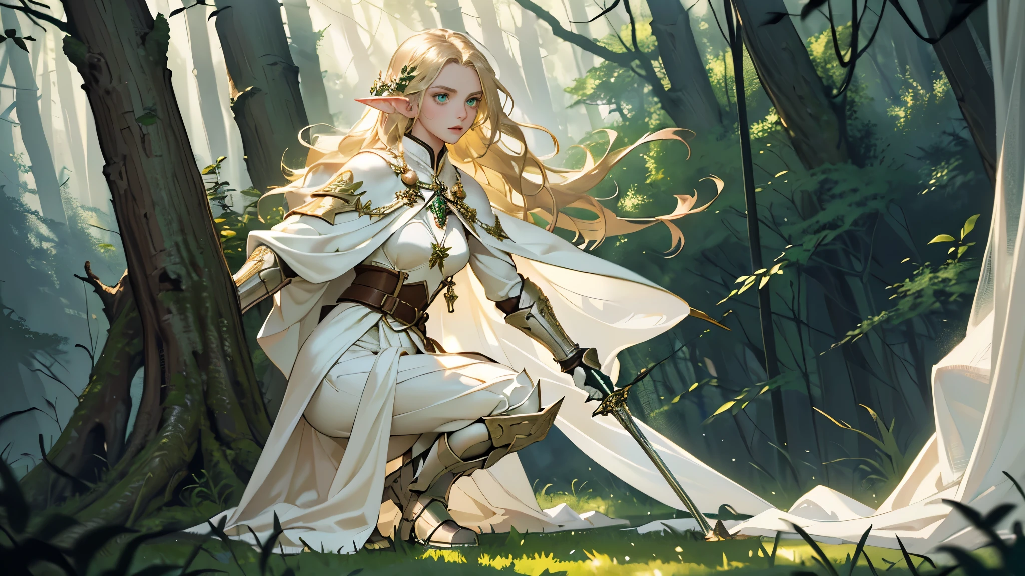 masterpiece, ultra detailed, 8K Portrait, Raw photo, a portrait photo of, Highly detailed face, beautiful and meticulous eyes, ((Fantasy)), Young beautiful, (((expressionless))), (((woman soldier))), ((elf)) tall, wavy long hair, gentle face, (((skin as white as pearl))), ((blond)), twig hair ornament, (((white silk long cloak))) Fluttering in the wind, (((light green and brown cloth armor))), leather boots, (crouching on a tree branch), ((equip a rapier)), (((with the spirit of the wind))), Midday Sun, Hyper realistic, Body model, Small breasts, Beautiful breasts, Long legs, in a deep forest, Ambient lighting, Shadow details, Camera focus on face, strong breeze, Light fog