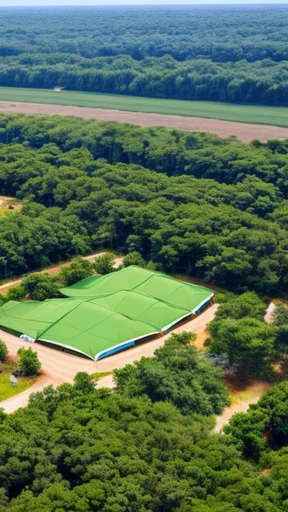 Big security facility inside of deep forest looking overview of campsites. 