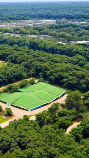 Big security facility inside of deep forest looking overview of campsites.