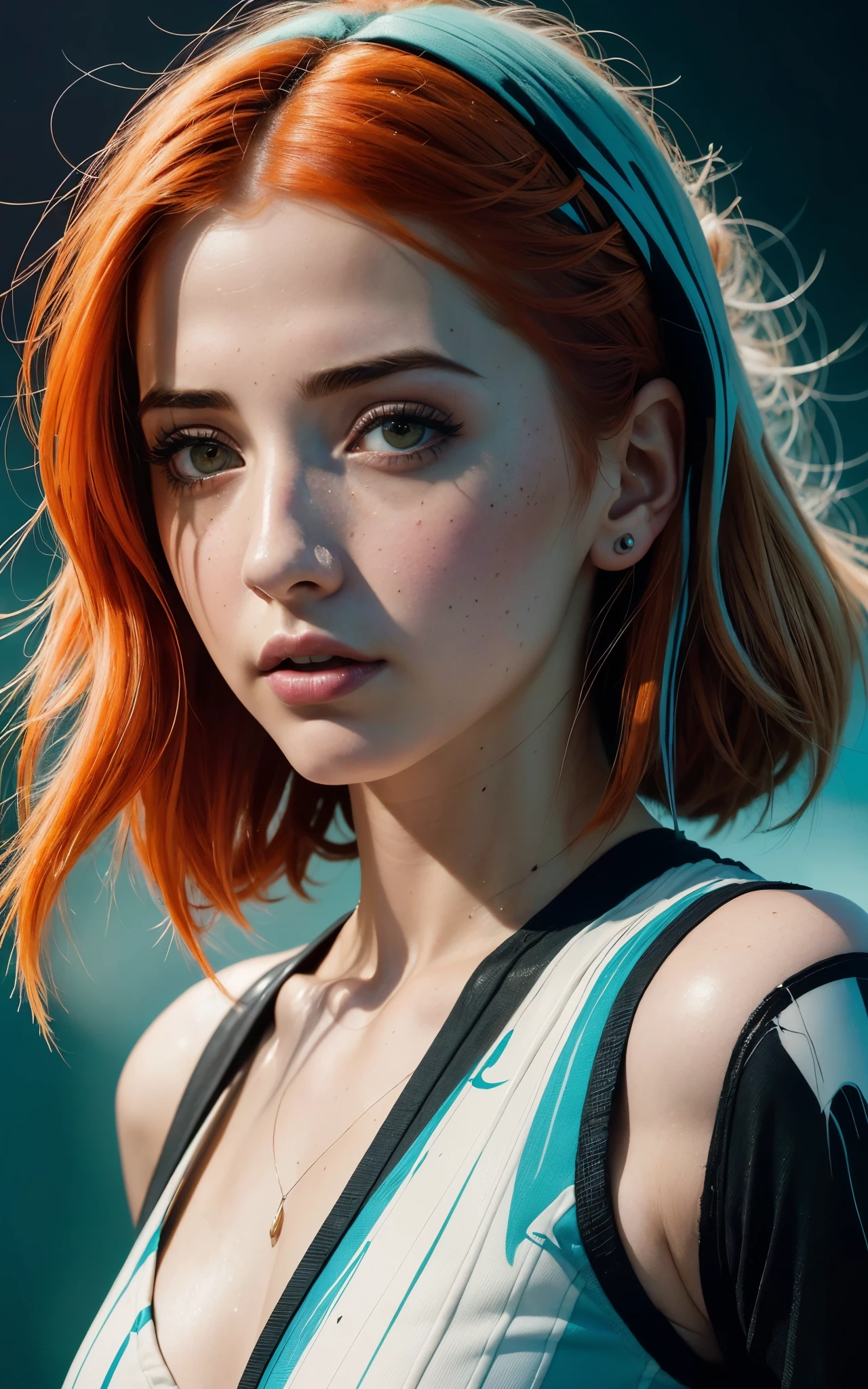 (Emily Rudd:Hayley Williams) best quality, masterpiece, (realistic:1.2), detailed face, beautiful eyes, (masterpiece, top quality, best quality, official art, beautiful and aesthetic:1.2), (1girl:1.4), extreme detailed, (Joshua Middleton comic cover art:1.1), (Action painting:1.2), (concretism:1.2), theater dance scene, (hypermaximalistic:1.5), colorful, highest detailed,