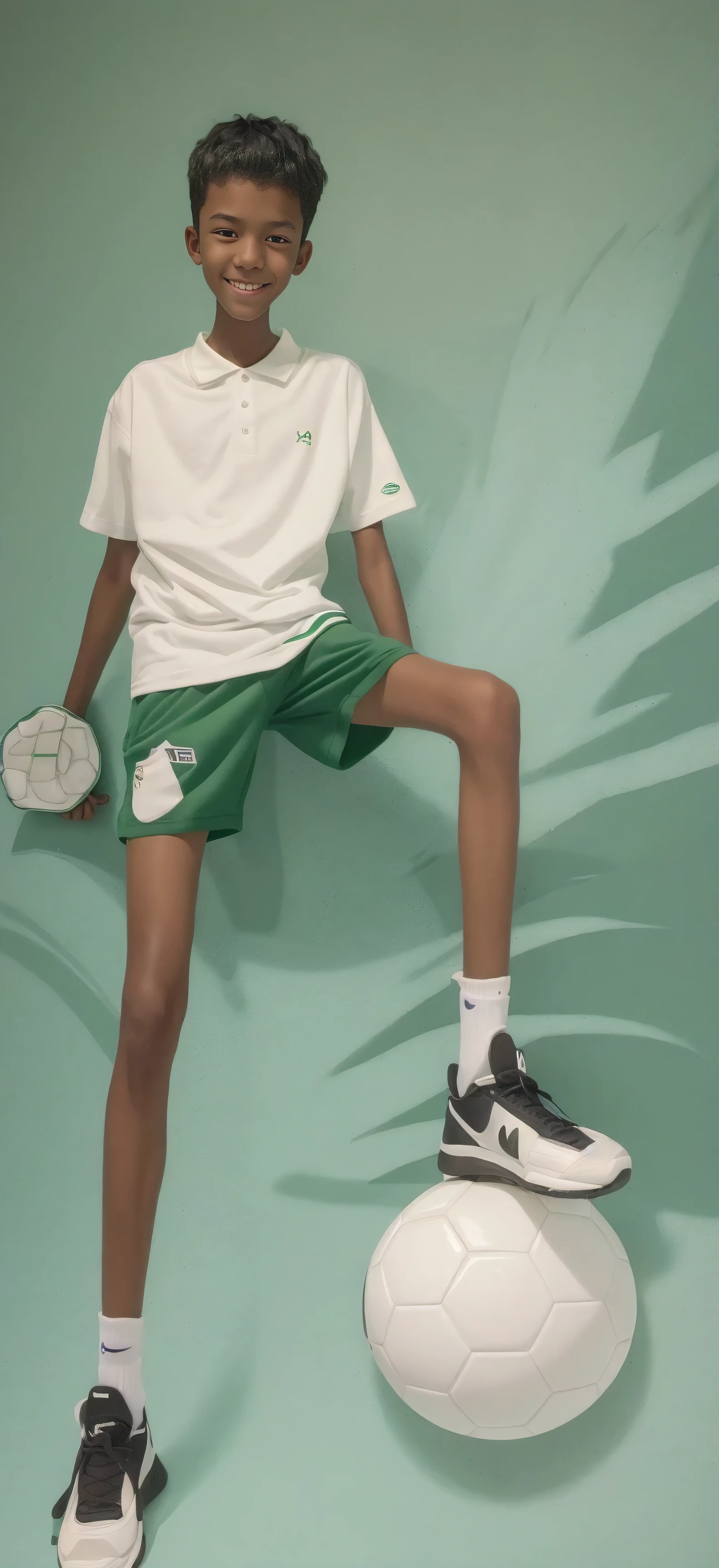 boy,(Wearing white tennis clothes,Wearing green socks),Dark skin,Big round eyes,Very short hair,Tall and skinny,Toothy Smile,Sharpen details,Knee bending