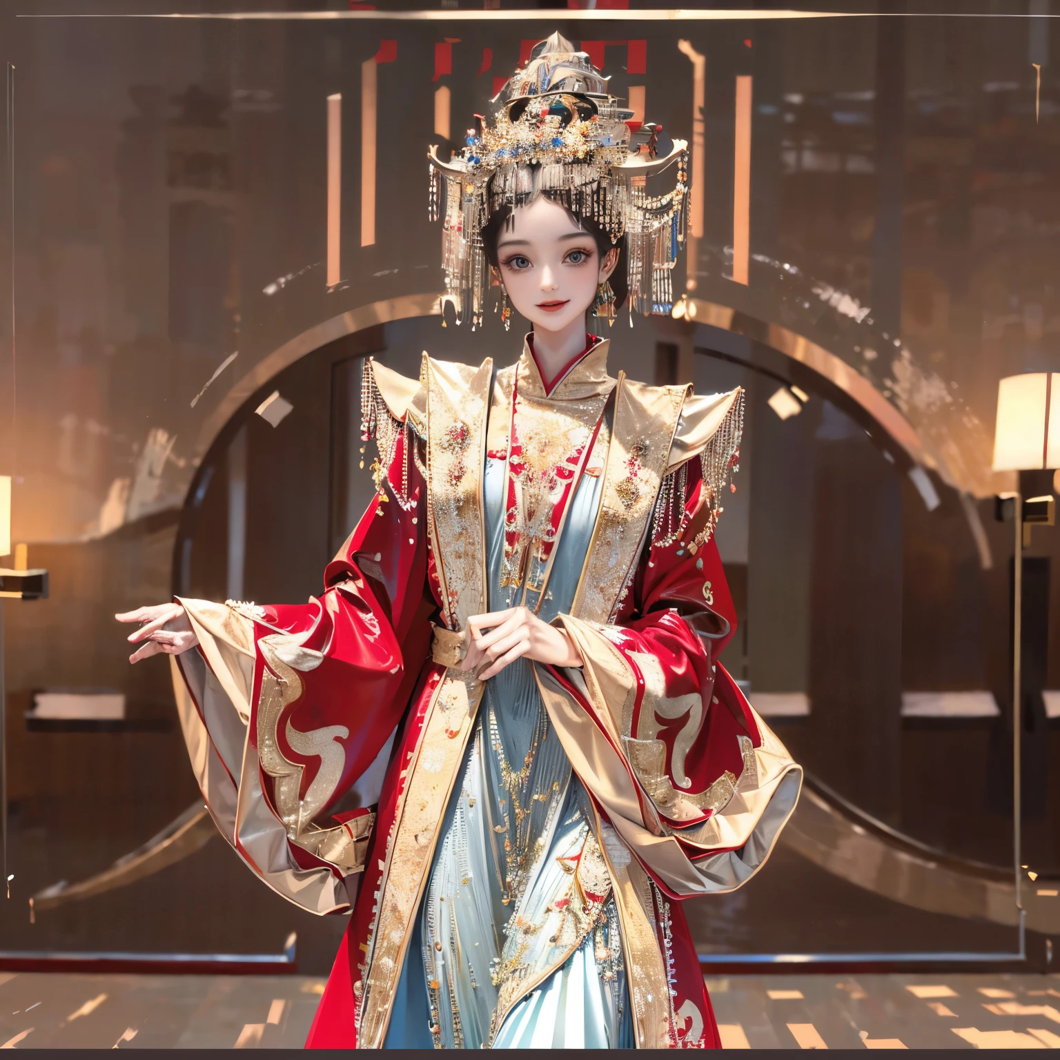 Create a 3D animation image, of a princess standing elegantly within a palace.
(Masterpiece, Best Quality, 1 Princess, Regal attire, Palace setting, Opulent decor, Gold accents, Delicate features, Radiant complexion, Long flowing hair, Confident posture, Gathered gown, Jeweled accessories, Royal scepter, Crystal clear eyes, Captivating visual experience, Maximum definition, Many-layer textures, Ultra-detailed, Illustrative, Perfect fit and harmonious tones, Regal aura, Serene expression.)