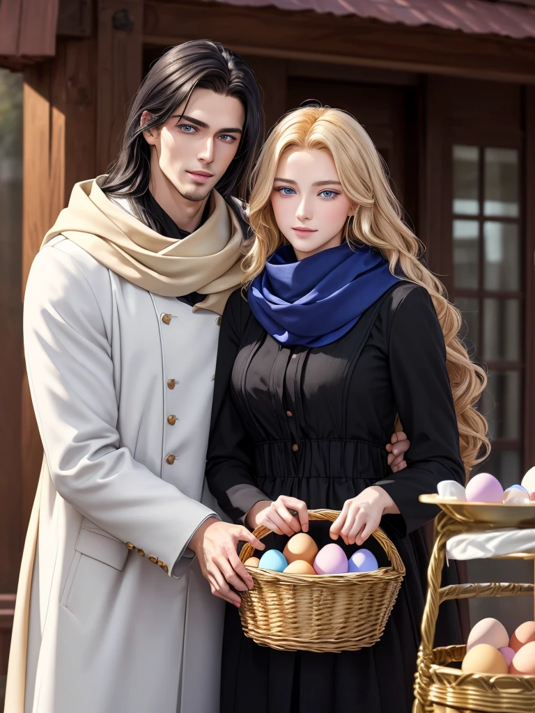 The feast of the Orthodox Easter. Couple. 1 man (Tall, handsome, statuesque, courageous young man with golden hair, blond curly golden hair, blue eyes, he holds a basket of cakes and colored eggs in his hand) hugs 1 woman (an incredibly beautiful young fatal brunette with blackberry-colored eyes, long straight black hair, her head is covered with a scarf). They are in love with each other. Masterpiece, detailed study of the face, beautiful face, beautiful facial features, perfect image, realistic shots, detailed study of faces, full-length image, 8k, detailed image. an extremely detailed illustration, a real masterpiece of the highest quality, with careful drawing.