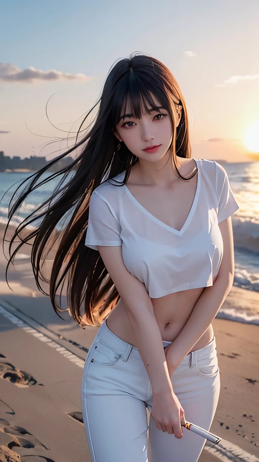(logo、masterpiece、8k、Tabletop、RAW Photos、wonderful、最high quality、フォトリアリスティックでVery detailedな CG 統合 8k 壁紙、high quality、Very detailed、narrative poem、Particle Effects、Dynamic Effects、Depth of written boundary、Cinematic Light、Lens flare、Ray Tracing)、Fantasy (One beautiful woman、White Pants、White T-shirt、White tube top、White crop top、Black-haired、Beautiful Face、True Face、Beautiful details、eye、Beautiful Skin、Ultimate Body、glamorous)、私の髪はWindに舞う、Hair flutters in Wind、Hair bounces、Seaside、wonderful景色、coastal、sunrise、Sun in the background、Wind、Beach