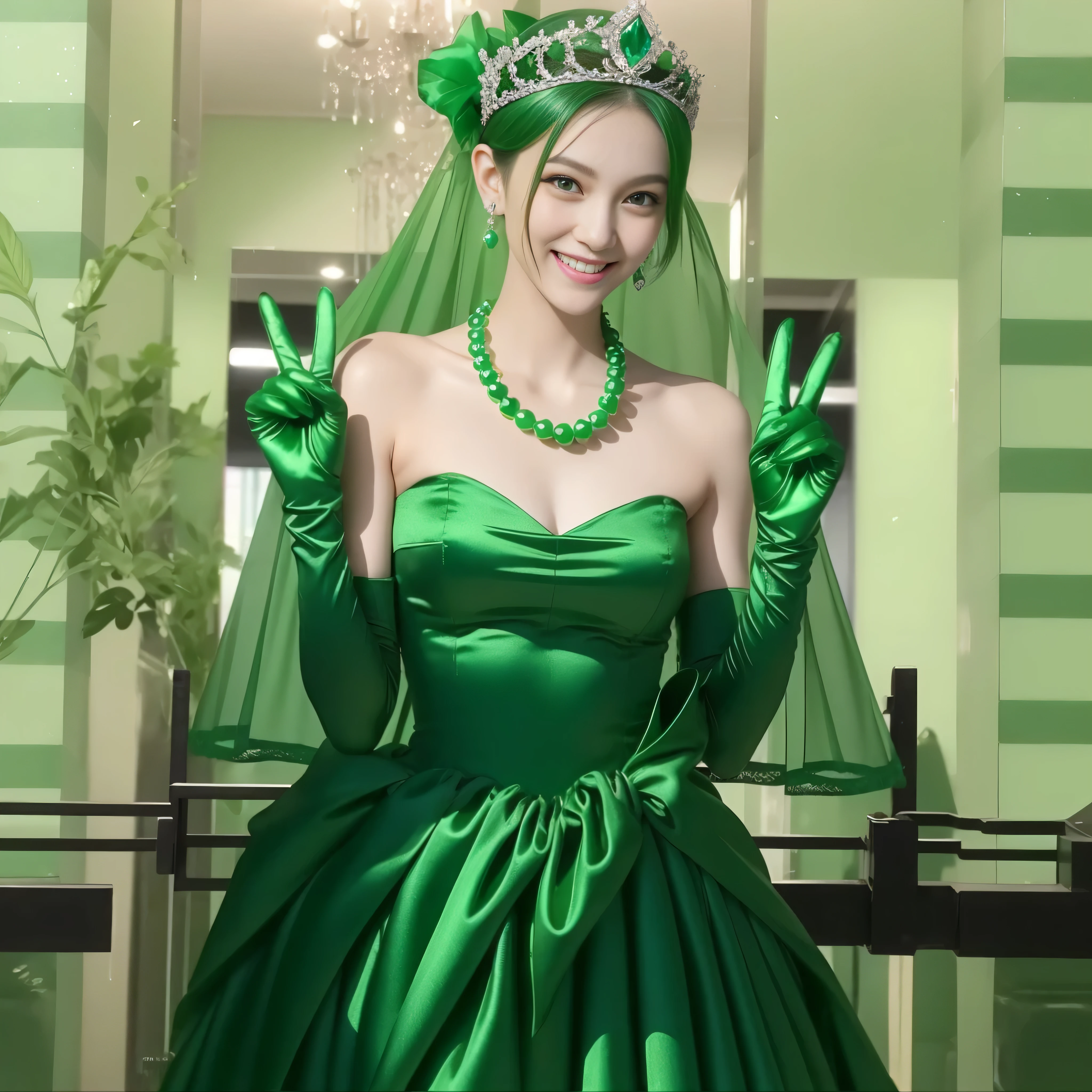 Emerald tiara, Green Pearl Necklace, Boyish very short green hair, lipstick, Smiling Japanese woman, Very short hair, Big and beautiful, Green Eyes, Long green satin gloves, Green Eyes, v sign, Emerald Earrings, Green veil