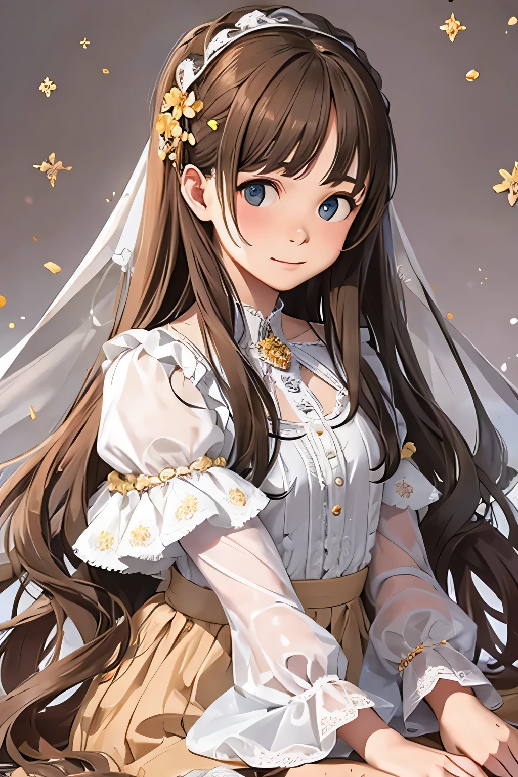 White Background,  gender：woman
hairdo：Long Straight
hair color：Golden brown eye shape and size：Bright eye color：brown
Skin color：olive
dress：Feminine frilly blouse and skirt statue：Moderately feminine figure Distinctive accessories and marks：Floral hair accessory costume color：Beige Style：Elegant and cute design