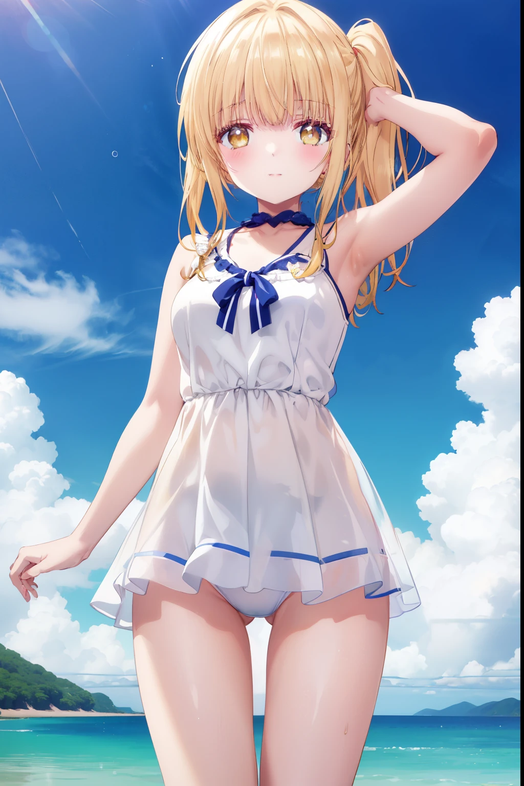 Mahiru shiina, , blonde, (Yellow Eyes:1.3)、Twin tails,,blush,smile,Sea、Wearing a cute swimsuit,Daytime、Wear a swimsuit、Captivating thighs、Beautiful bare legs, Revealing swimsuit、bikini、School Swimsuit、Showing armpits
(masterpiece:1.2), highest quality, High resolution, unity 8k wallpaper, (shape:0.8), (Beautiful and beautiful eyes:1.6), Highly detailed face, Perfect lighting, Extremely detailed CG, (Perfect hands, Perfect Anatomy),
