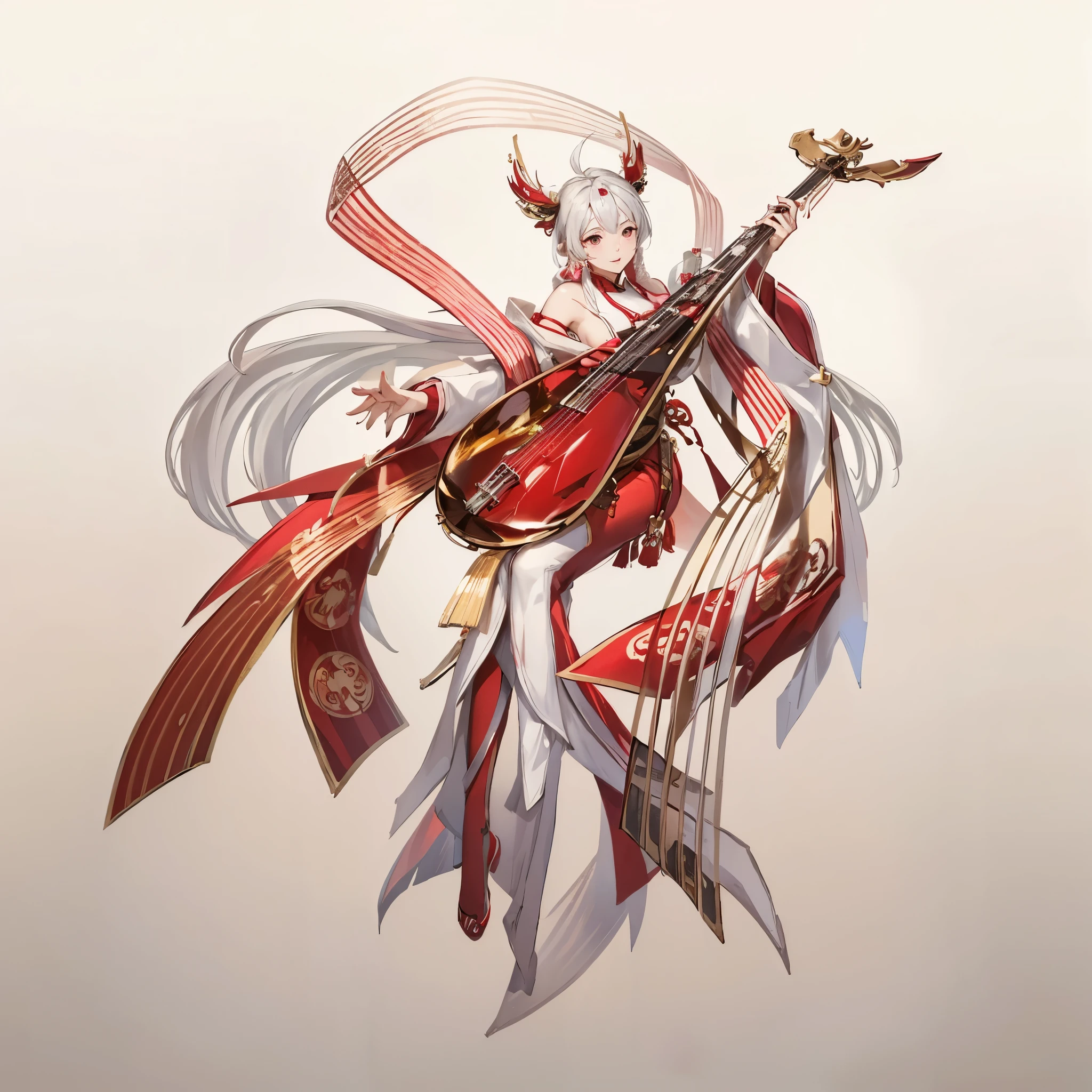 female，Sun Shangxiang，Pink ancient costume with red edge，Golden headdress white hair，Red edge wooden pipa，cute，Three Kingdoms，White background，Light gray background