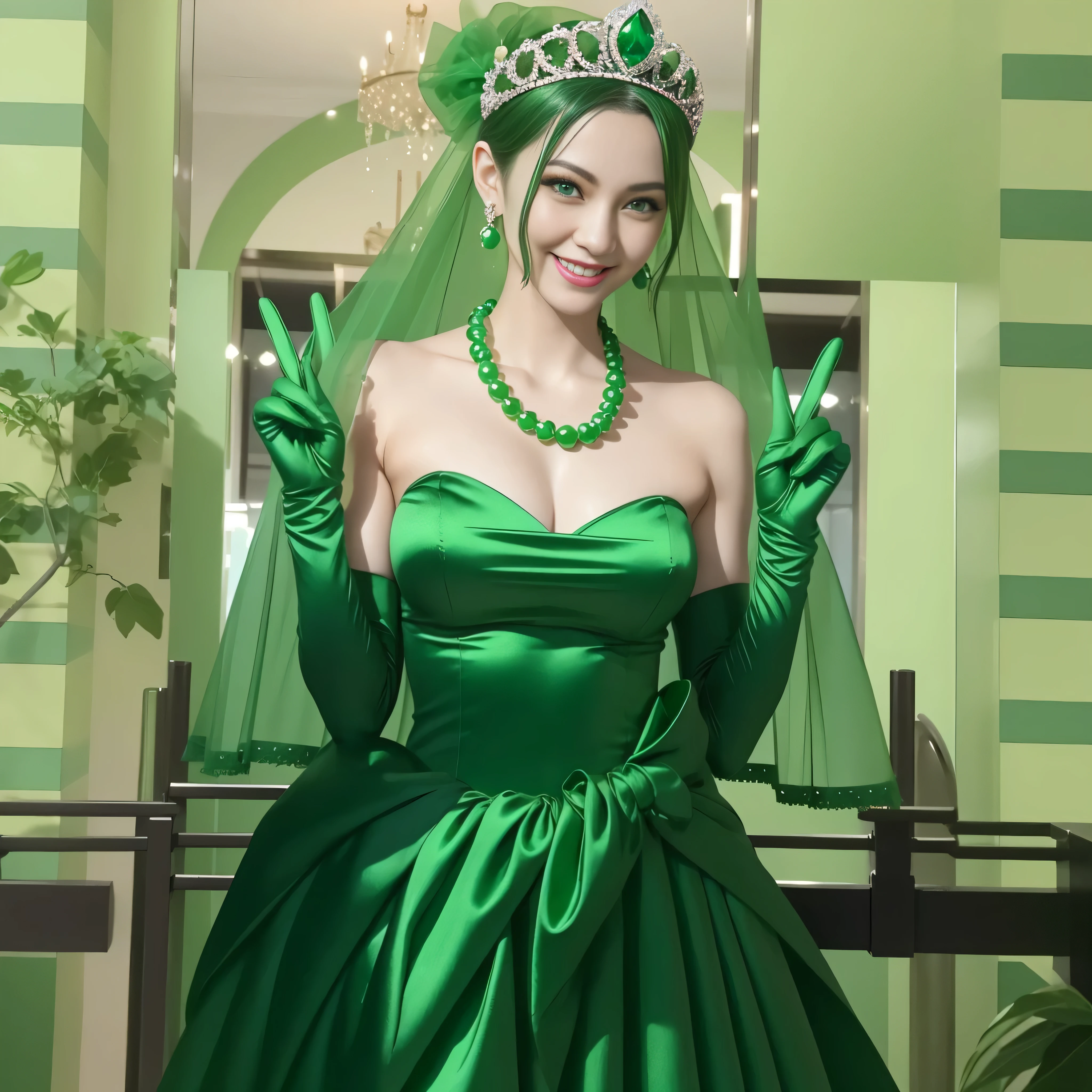 Emerald tiara, Green Pearl Necklace, Boyish very short green hair, lipstick, Smiling Japanese woman, Very short hair, Big and beautiful, Green Eyes, Long green satin gloves, Green Eyes, v sign, Emerald Earrings, Green veil
