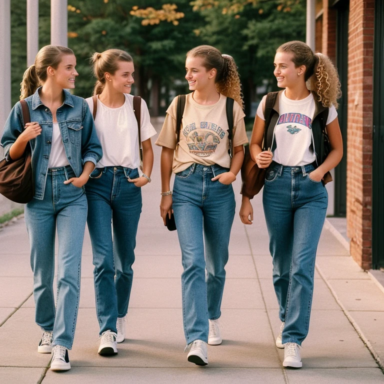 3 twenty year old girls walking down a high school hallway, one girl is blonde and shy, one girl is a shorter brunette with curly hair in a ponytail, and the third girl has brown hair, early 1990s clothing, mom jeans, backpacks and books, photorealistic, 4k