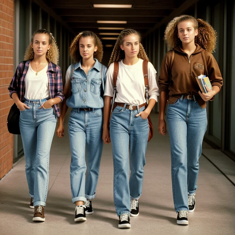 3 twenty year old girls walking down a high school hallway, one girl is blonde and shy, one girl is a shorter brunette with curly hair in a ponytail, and the third girl has brown hair, early 1990s clothing, mom jeans, backpacks and books, photorealistic, 4k