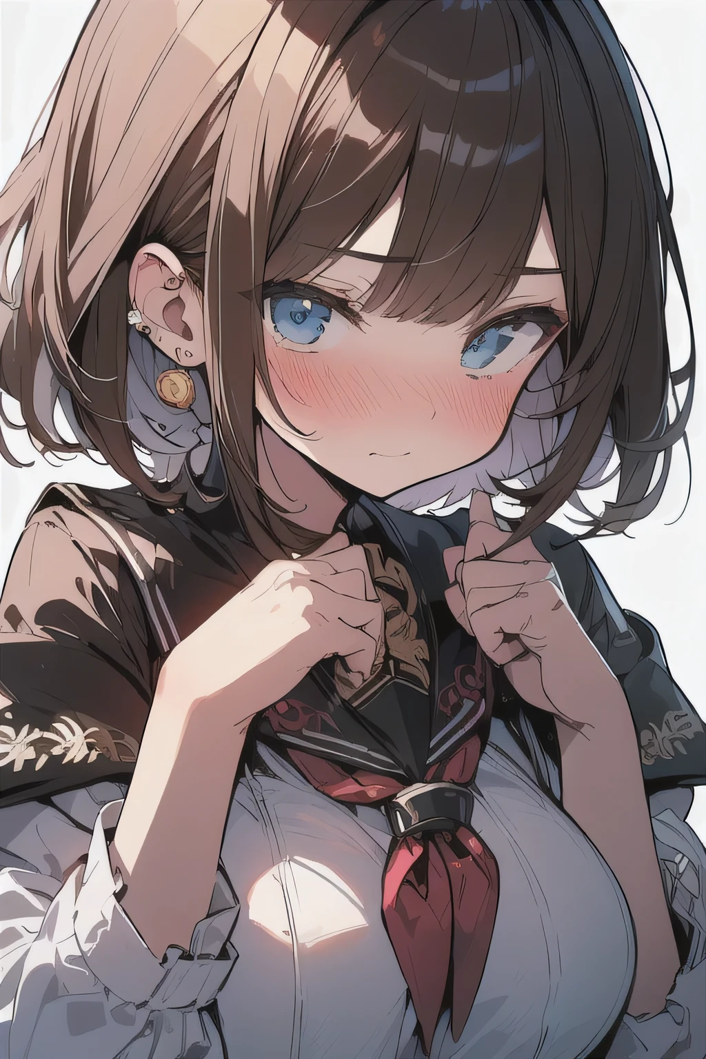 (best quality), (Super detailed), (Best Illustration), (masterpiece), (woman), hands on own chest, {(white serafuku:1.2)}, (large breasts:1.2), {brown hair, (sideburns), (bob cut:1.3), curly hair, hairs between eyes, colored inner hair}, {(detailed eyes), blue eyes}, embarrassed, blush, earring, wind, white background
