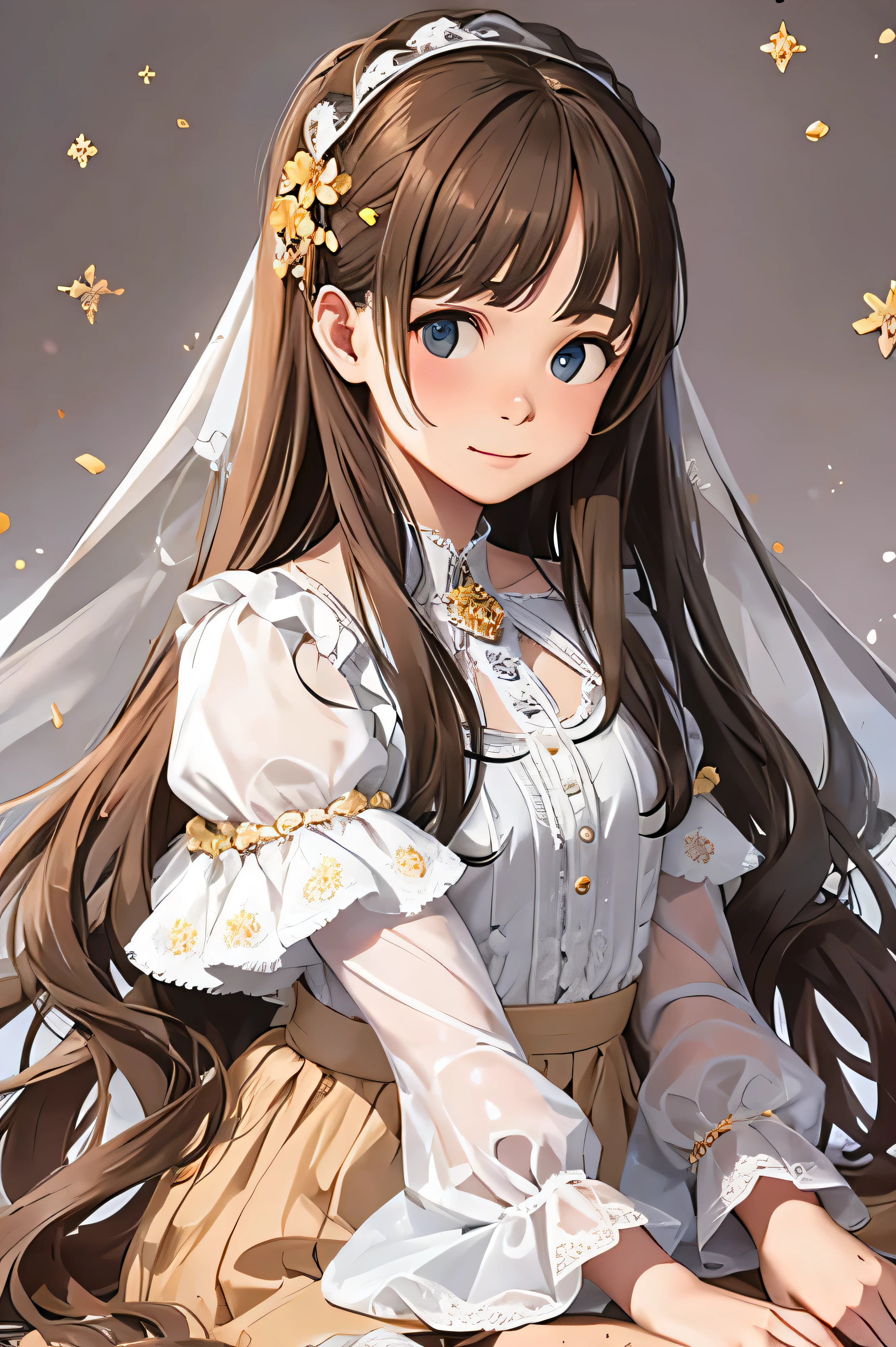 White Background,  gender：woman
hairdo：Long Straight
hair color：Golden brown eye shape and size：Bright eye color：brown
Skin color：olive
dress：Feminine frilly blouse and skirt statue：Moderately feminine figure Distinctive accessories and marks：Floral hair accessory costume color：Beige Style：Elegant and cute design