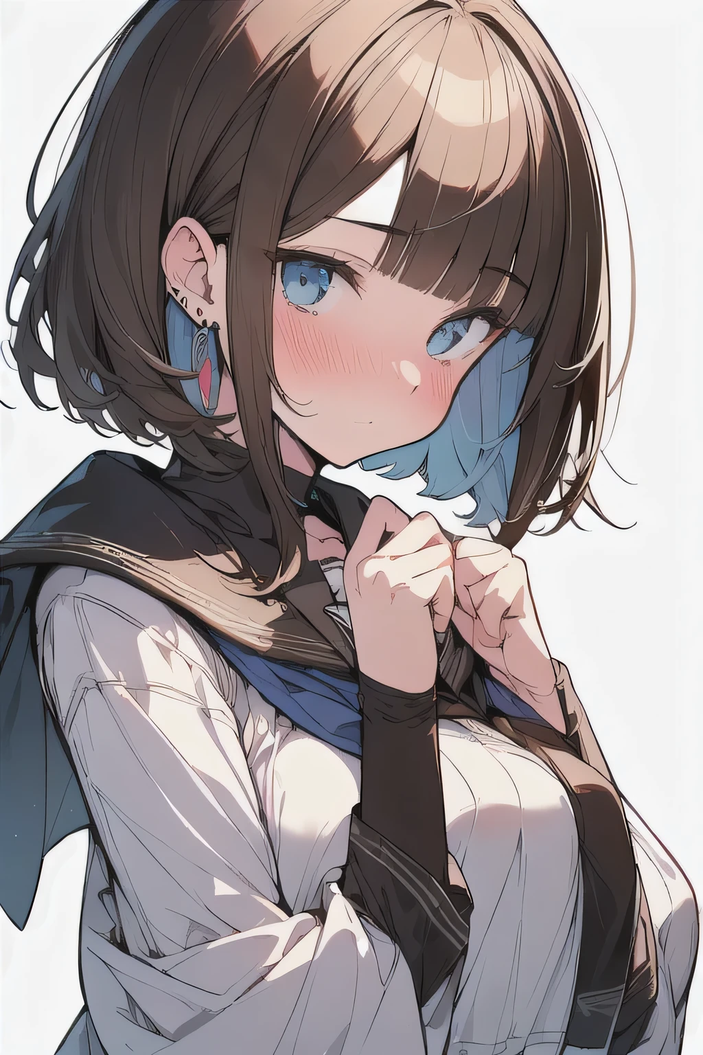 (best quality), (Super detailed), (Best Illustration), (masterpiece), (woman), hands on own chest, {(white serafuku:1.2)}, (large breasts:1.2), {brown hair, (sideburns), (bob cut:1.3), curly hair, hairs between eyes, colored inner hair}, {(detailed eyes), blue eyes}, embarrassed, blush, earring, wind, white background