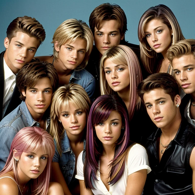 90210 style cast photo of 7 young people, 3 male and 4 female, of different hair colors and style, 1990s clothing