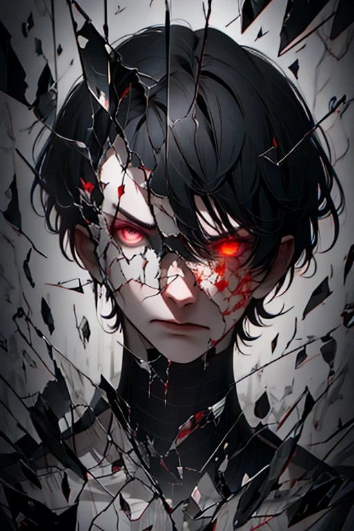 1human,solo, face focus,androgynous,black hair, short hair, red eyes ,looking through broken glass, shattered glass, broken glass, cracked, angry expression,darkness