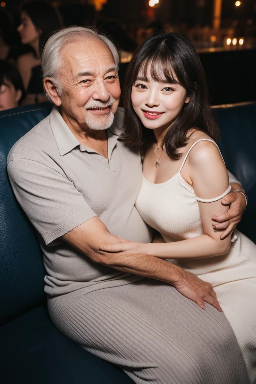 top-quality, masterpiece, 58 years old man and 20 years old bightly smile girl couples, korean Girl sitting on the sofa, (58 years old man hugging young girl) , big breasts, girls wear thick grey maxi knit camisole dress, (old man white shirt), in the crowd night club, neon, correct hands, night, young girl kiss old man,