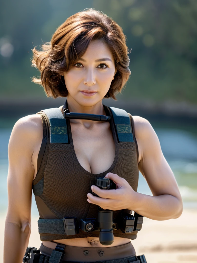 (((SFW:1.1)))、Crisp image quality,highest quality, masterpiece, High resolution, Realistic, 8k wallpaper, perfection, Very detailed, Written boundary depth, ((One beautiful woman)), Beautiful Face、beauty、38 years old,Beautiful Eyes, (((Special forces equipment:1.5))), Shapely small breasts, Light brown wavy hair, short hair,Muscular,belly button、sexy、Cleavage、(Cowboy Shot)