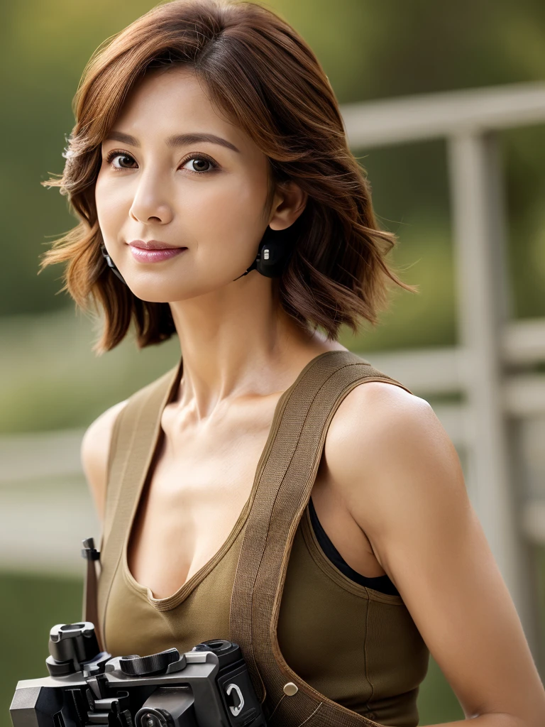 (((SFW:1.1)))、Crisp image quality,highest quality, masterpiece, High resolution, Realistic, 8k wallpaper, perfection, Very detailed, Written boundary depth, ((One beautiful woman)), Beautiful Face、beauty、38 years old,Beautiful Eyes, (((Special forces equipment:1.5))), Shapely small breasts, Light brown wavy hair, short hair,Muscular,belly button、sexy、Cleavage、(Cowboy Shot)
