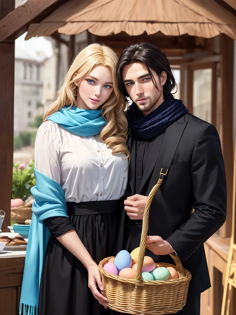 The feast of the Orthodox Easter. Couple. 1 man (Tall, handsome, statuesque, courageous young blond man with golden hair, blond curly golden hair, blue eyes, he holds a basket of cakes and colored eggs in his hand) hugs 1 woman (an incredibly beautiful young black-haired fatal brunette with blackberry-colored eyes, long straight black hair, her head is covered with a scarf). They are in love with each other. Masterpiece, detailed study of the face, beautiful face, beautiful facial features, perfect image, realistic shots, detailed study of faces, full-length image, 8k, detailed image. an extremely detailed illustration, a real masterpiece of the highest quality, with careful drawing.