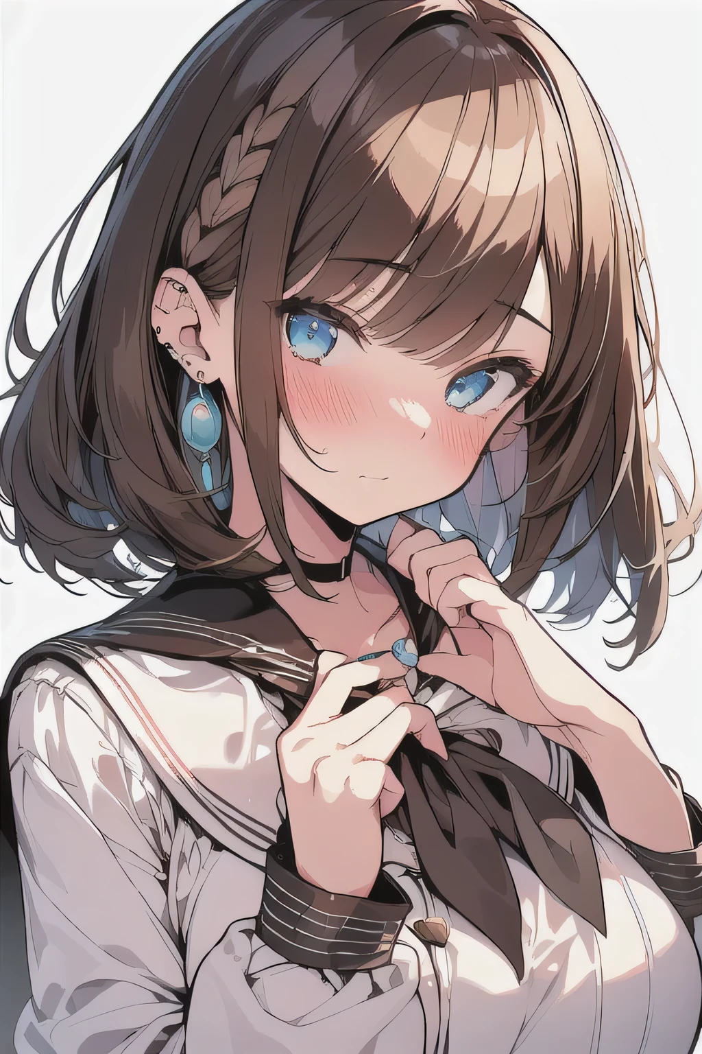 (best quality), (Super detailed), (Best Illustration), (masterpiece), (woman), hands on own chest, {(white serafuku:1.2)}, (large breasts:1.2), {brown hair, (sideburns), (bob cut:1.3), curly hair, hairs between eyes, colored inner hair}, {(detailed eyes), blue eyes}, embarrassed, blush, earring, wind, white background