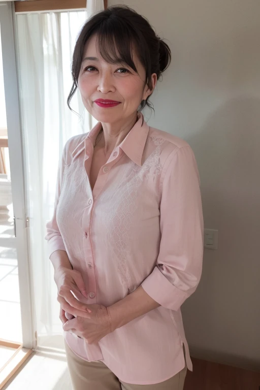 ((Japanese Mature)), ((55 years old:1.4)), ((old woman:1.3)), (((Small breasts))), Beautiful breasts, Detailed eyes and face, Long eyelashes, Beautiful Lips, Feel the warmth and elegance, There are fine wrinkles, A light smile, Mystical Eyes, Expressive eyes, Beautiful Skin, A look full of experience and knowledge, A graceful and confident demeanor, Dress shirt,Shorts, Beautiful hair ornaments, Pale pink cheeks, Soft Light, Pale pink walls, High quality photos, Vibrant colors, Bokeh effect, Delicate depiction, whole body, short hair, Low Ponytail, Red lipstick,