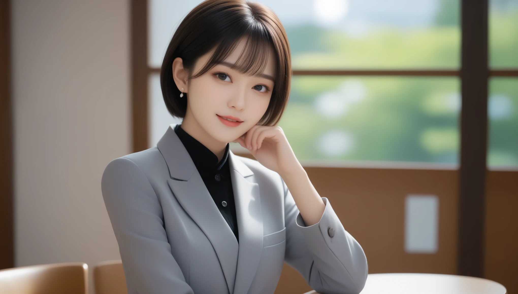 8K, 超High resolution, highest quality, masterpiece, 超Realisticな, photograph, 1 girl, (16 years old:1.3), pretty girl, Cute face, Every detail美しい目, Japan Female Announcer,On the table, Best Quality, Realistic, 超detailedな, Every detail, High resolution, 4K Wallpaper, 1. Beautiful Women,Short layer of black hair, Wearing a suit, Fixing sharp focus, Perfect dynamic composition, Beautiful and delicate eyes, Delicate hair, 细致Realistic的皮肤纹理, smile, Close-up portrait, Model Body Type 、Intricate details and sharp, masterpiece, Global Illumination, True Shadow, Bokeh, highest quality, photoRealisticな, Realisticな, 8K, 3D、Vivid details、detailed、超Realisticな、Light and shadow,Strong light,Fashion magazine cover,Thin lips