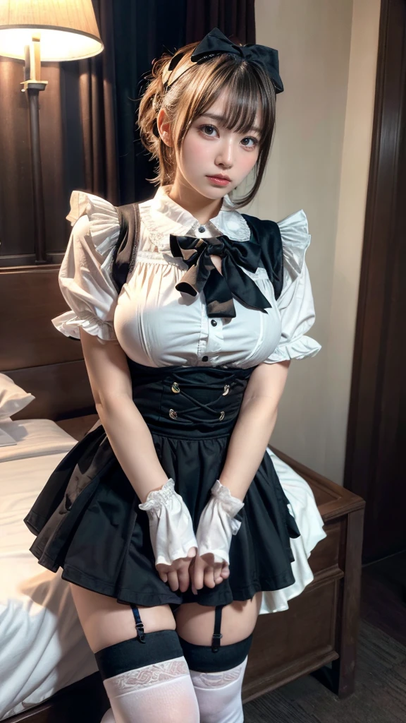 muste piece, best quality, illustration, Super detailed, fine details, High resolution, 8K,wall paper, perfect dynamic composition,(Details High quality, realistic depiction of eyes:1.3), short hair, (wavy hair:1.2), huge breasts, hotel room, (bow ribbon, Maid, knee high socks:1.3), frill skirt, huge breasts, ponytail, black hair color, Big Natural Color Lip, bold sexy pose, crying a little、cold gaze, Harajuku style、20 year old girl、cute type、lolita、beautiful legs, full body photo、focus on crotch, hposing Gravure Idol