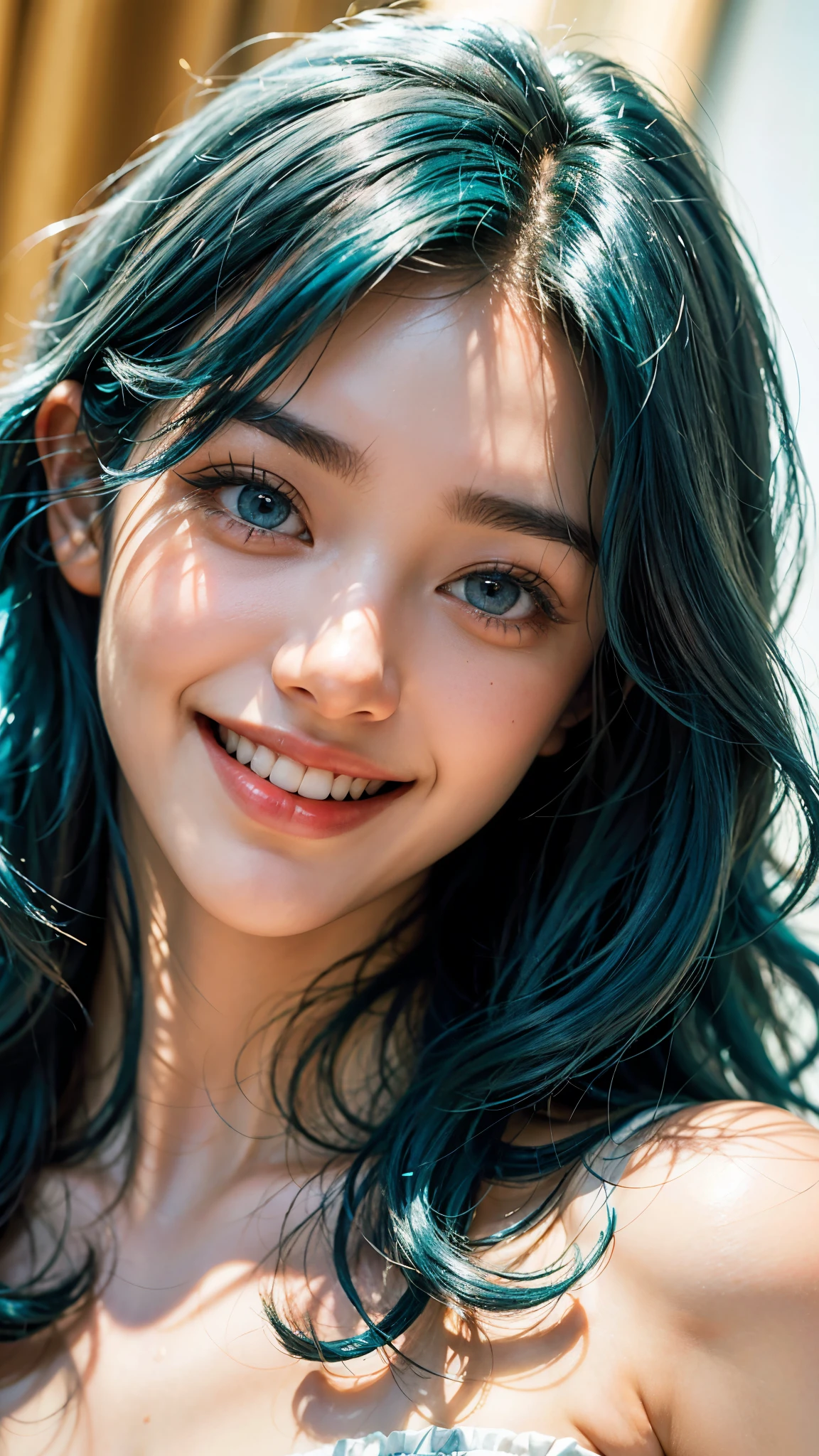 Ultra HD,masterpiece,4k,((I'm showing my teeth and smiling)),((Big smile))Light blue hair, Turquoise Eyes, Long eyelashes, Big Red Lips, Apricot-colored eyes, beauty, Girlish, Curly Hair, Princess